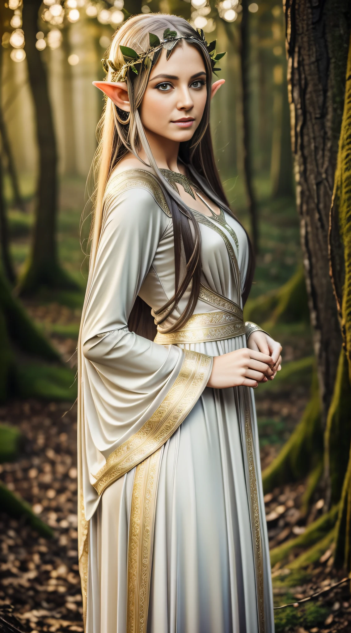 Create a photograph of Oksana Akinshina, in a realistic style, with high resolution. The photo should be well-lit, with soft light and no harsh shadows. The framing will be full-body, highlighting her enchanting presence and personality. The model will be dressed in an enchanting elven attire, featuring a delicate and flowing dress that evokes the grace and beauty of elves. Soft and earthy tones like white, silver, and gold should be incorporated to evoke the magical essence of elven fashion. Careful lighting and image composition should enhance the womans natural beauty, emphasizing the elegance and charm of the elven outfit, while capturing the essence of a mystical and elegant elven maiden in full-body portrait