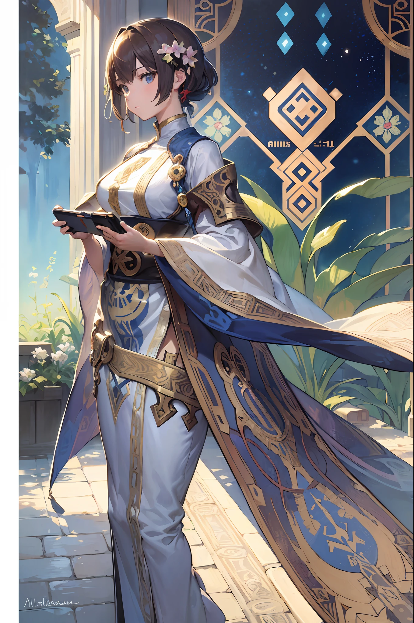 Nintendo Switch Personification、Video games、Decorative panel、abstract art、By Alphonse Mucha (masterpiece、top-quality、hight resolution: 1.4)、More about realism、intricate-detail、4K、color splashes、line-drawing、Fibonacci、