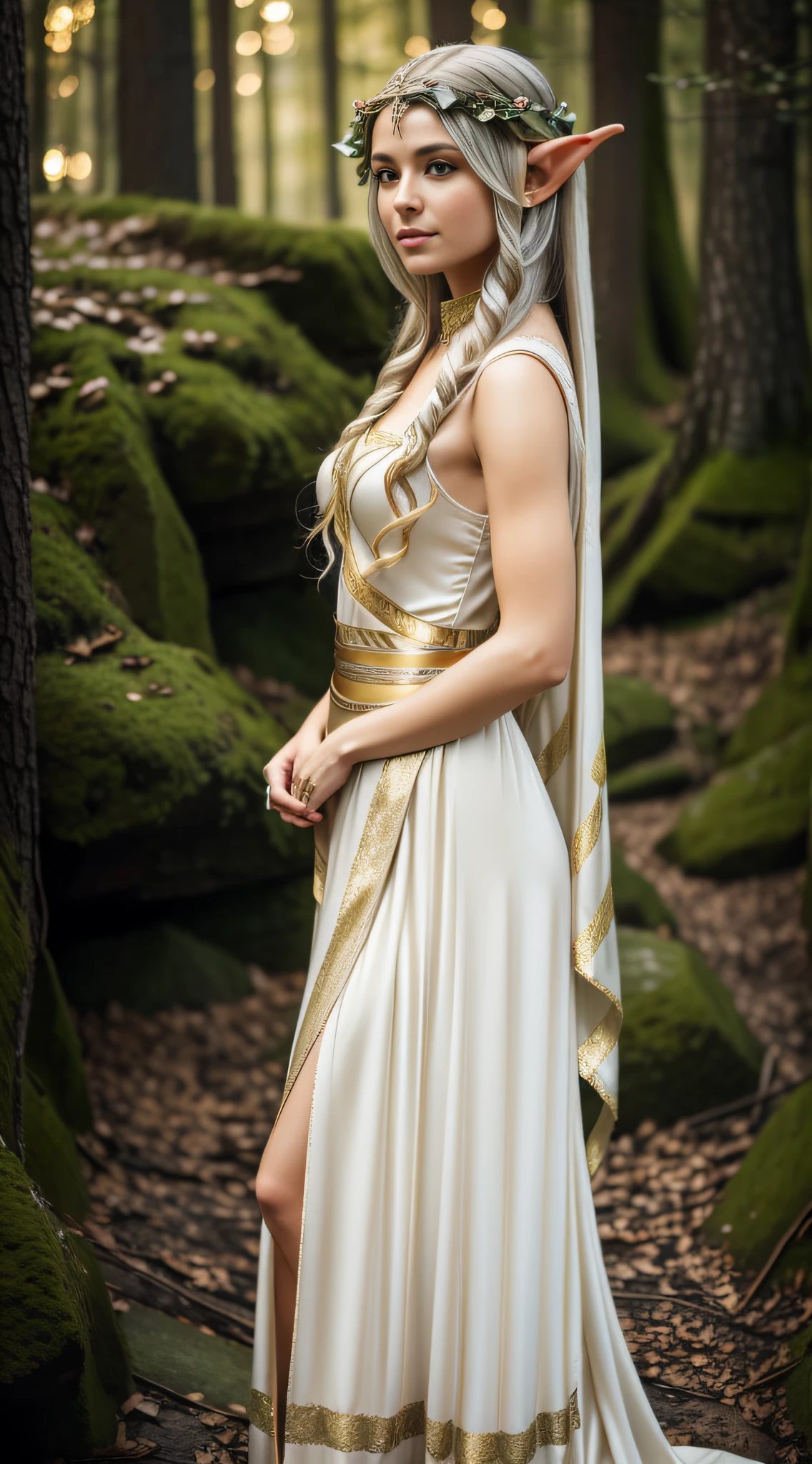 Create a photograph of Oksana Akinshina, in a realistic style, with high resolution. The photo should be well-lit, with soft light and no harsh shadows. The framing will be full-body, highlighting her enchanting presence and personality. The model will be dressed in an enchanting elven attire, featuring a delicate and flowing dress that evokes the grace and beauty of elves. Soft and earthy tones like white, silver, and gold should be incorporated to evoke the magical essence of elven fashion. Careful lighting and image composition should enhance the womans natural beauty, emphasizing the elegance and charm of the elven outfit, while capturing the essence of a mystical and elegant elven maiden in full-body portrait