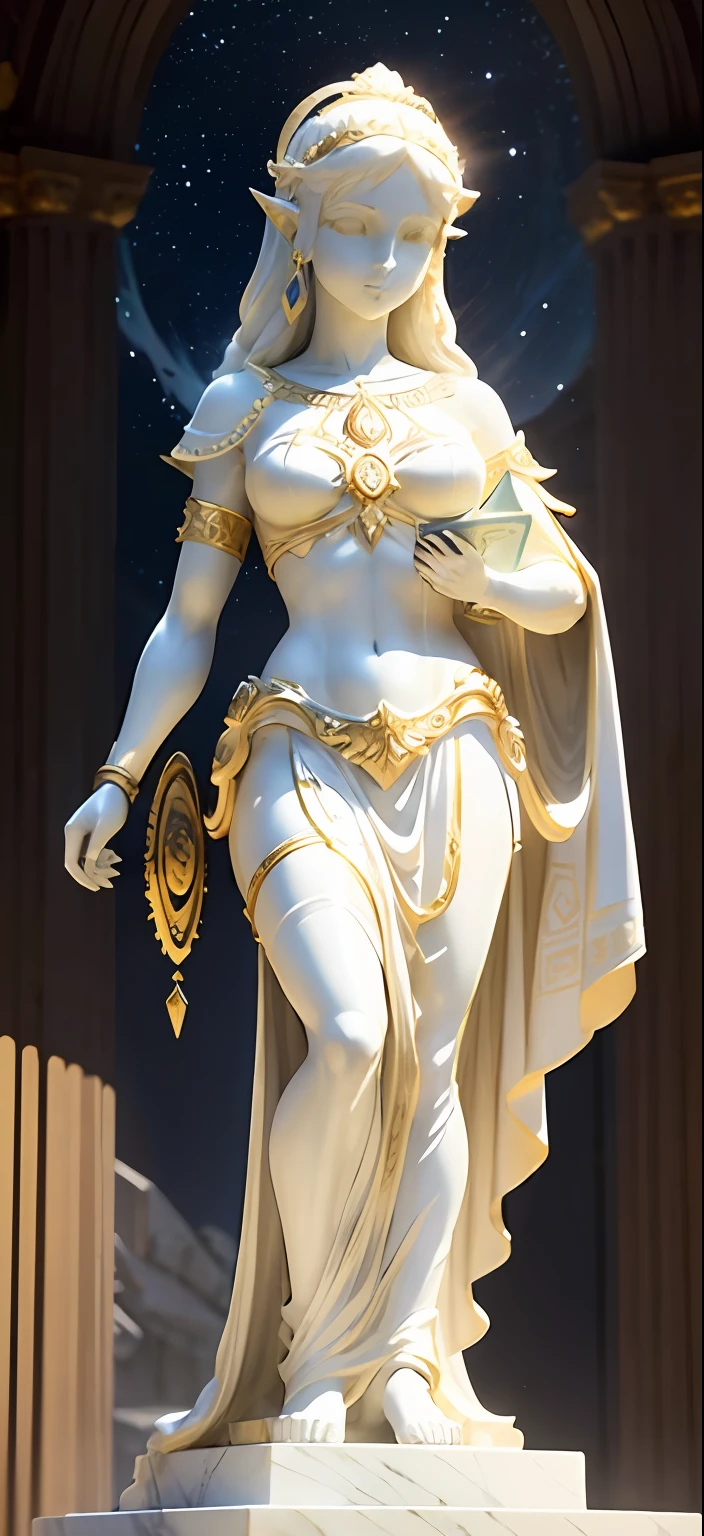 you can generate prompt for an image generator by text of
a white marble statue with gold details in the style Roman statues with gold details but with the appearance of Princess Zelda white stone statue night scenery starry sky a not too long prompt