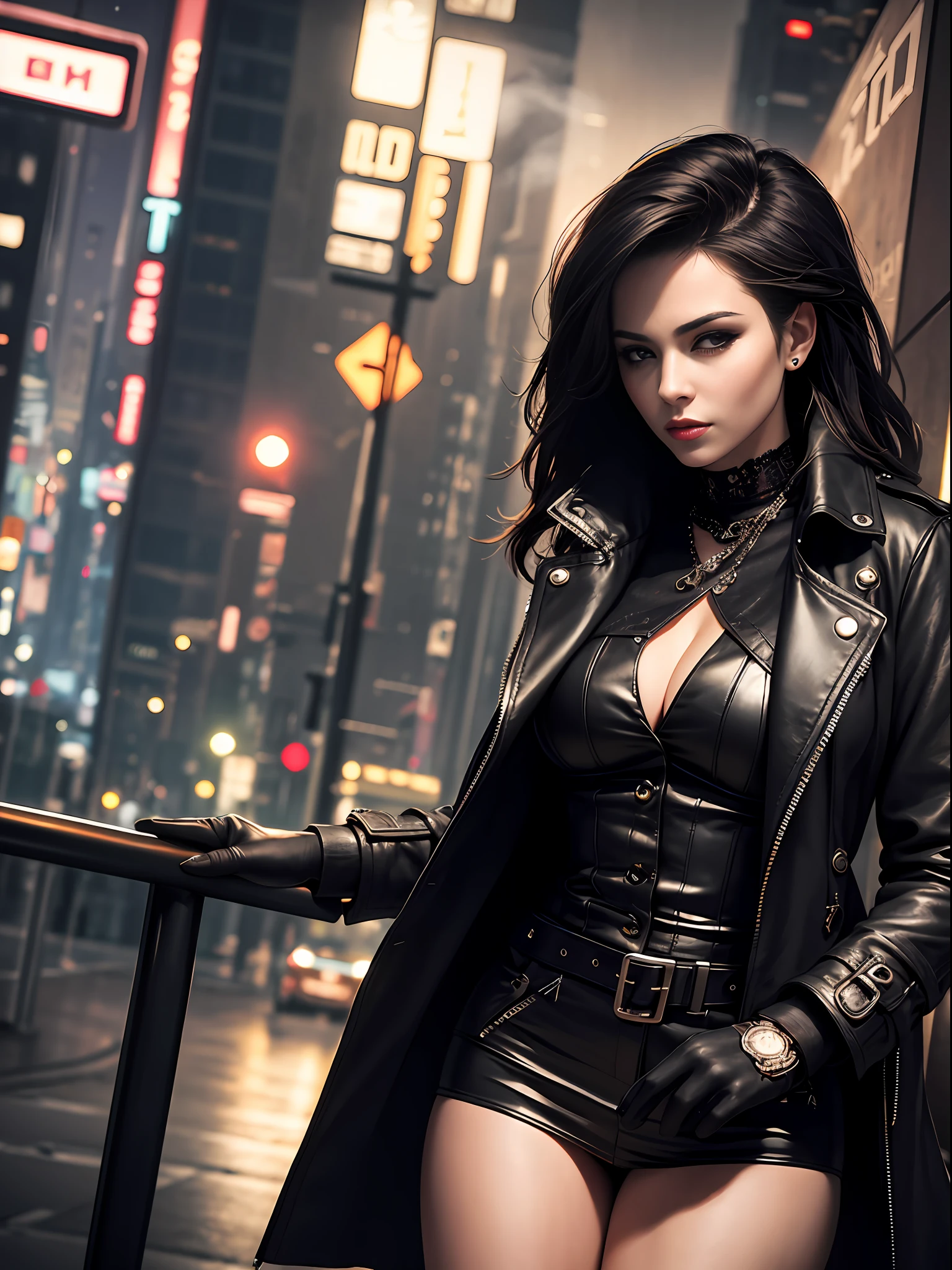 Masterpiece, (Ultra detailed), Gangster theme, Mature woman,solo,Raised sexy,Trench coat, Dim lights, Smoke, black shadows, Corrupt cityscape, Highest quality, Single focus, (skimming: 1.1), full bodyesbian, Intricate (High detail: 1.1) illusory engine,cyber punk perssonage