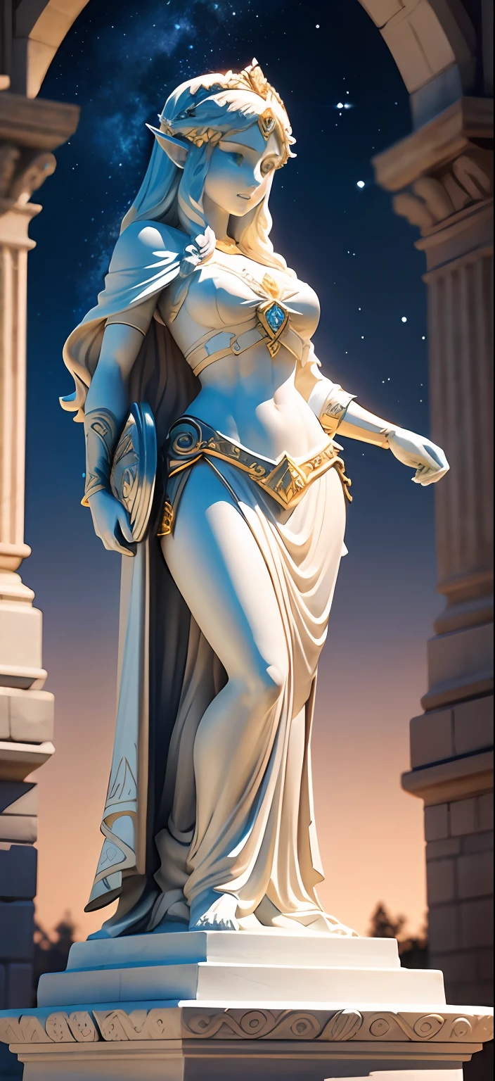 "Create an impressive white stone statue in the style of majestic Roman statues, com detalhes em ouro, portraying the iconic Princess Zelda. Place her in a night setting with a starry sky, giving a magical and enchanting aura to the sculpture."