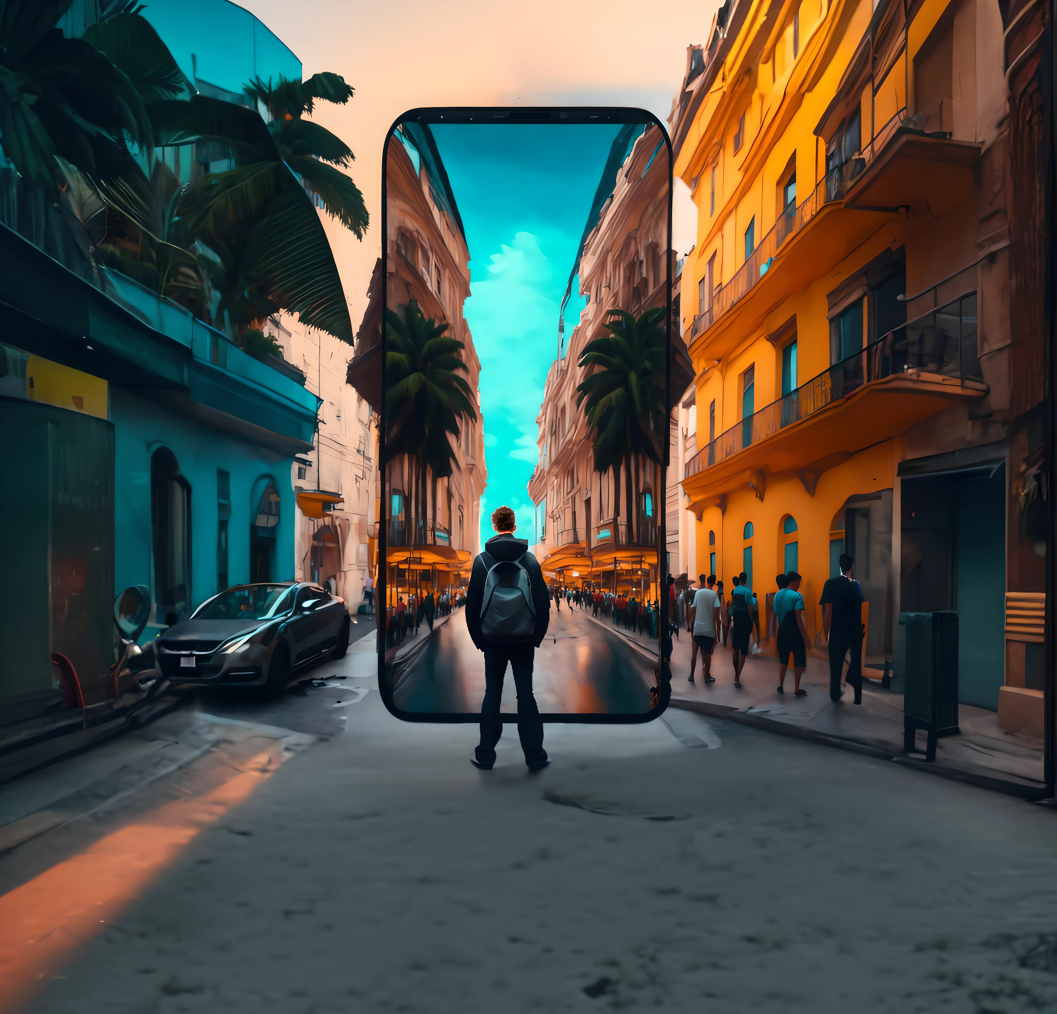 There's a man standing in the middle of a street looking at a picture of a city, papel de parede do telefone hd, papel de parede do telefone hd, wallpaper mobile, paper awesome wallpaper, Papel de parede vertical 8k, Papel de parede vertical 8K, 3D parallax vision effect, papel de parede 4K, papel de parede 4k, Surrealismo 8K, Papel de parede 8K, Papel de parede 8K, papel de parede bonito do iphone