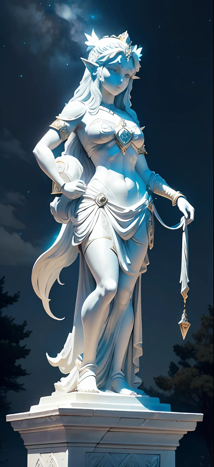"Create an impressive white stone statue in the style of majestic Roman statues, com detalhes em ouro, portraying the iconic Princess Zelda. Place her in a night setting with a starry sky, giving a magical and enchanting aura to the sculpture."