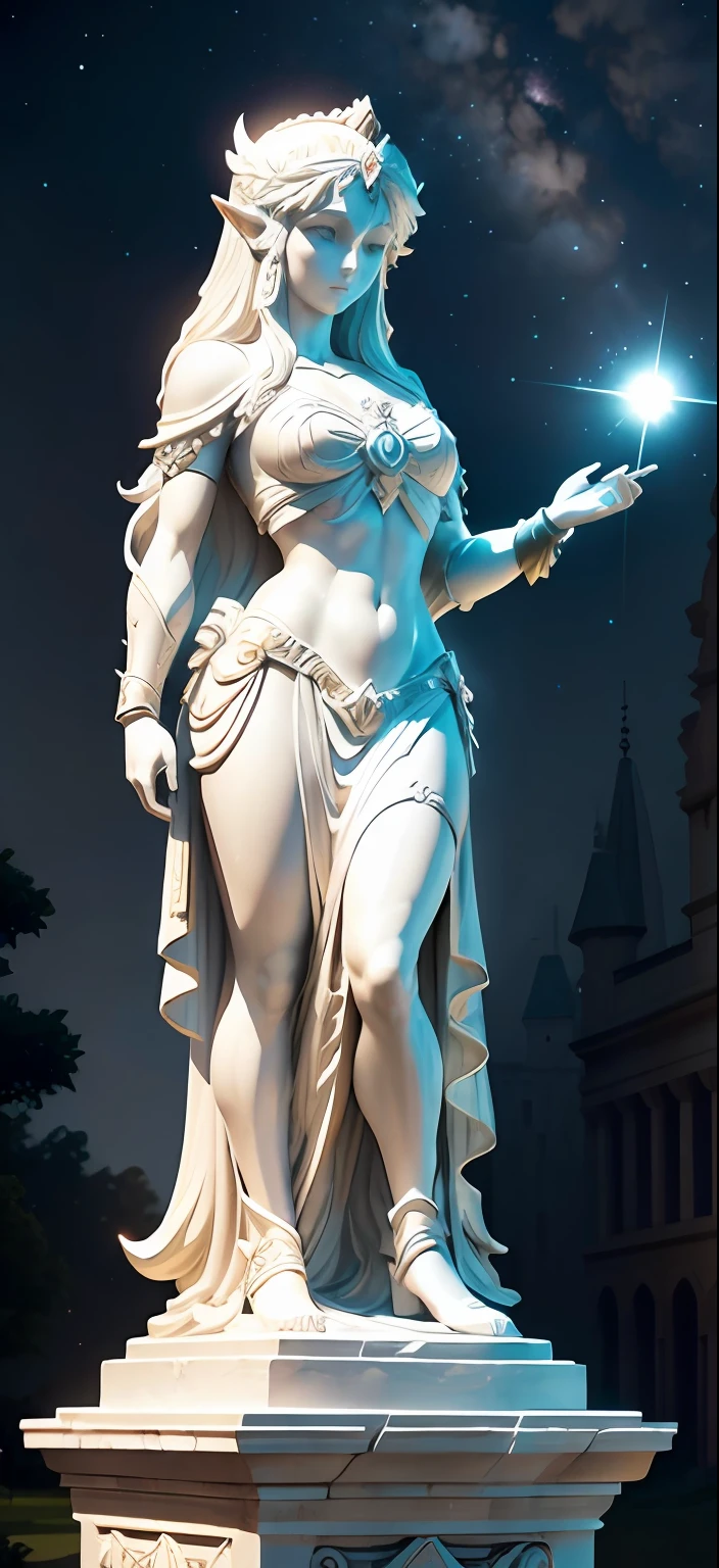 "Create an impressive white stone statue in the style of majestic Roman statues, com detalhes em ouro, portraying the iconic Princess Zelda. Place her in a night setting with a starry sky, giving a magical and enchanting aura to the sculpture."