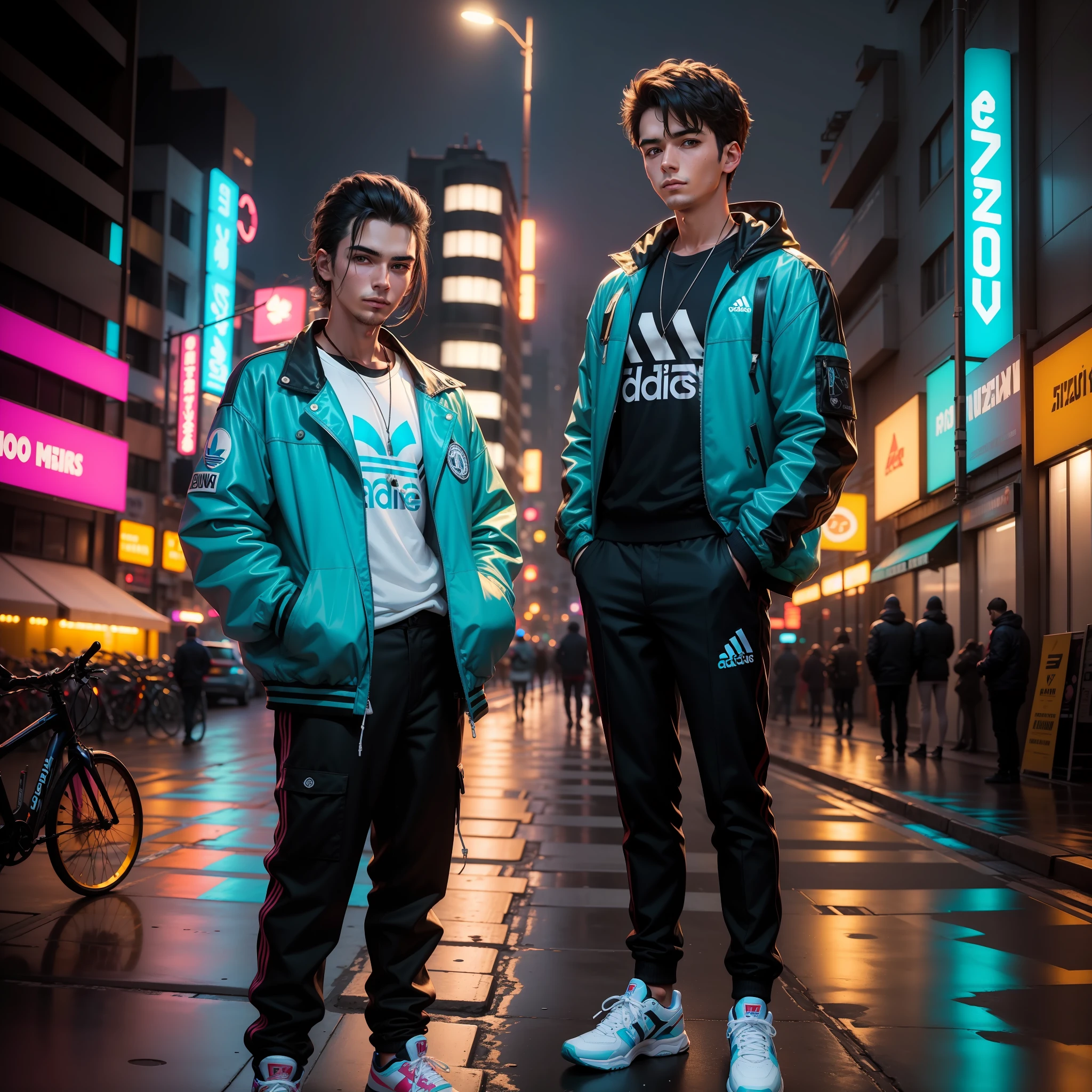 25-year-old solo man in blue jacket and black pants standing, corpo todo, em uma loja de neon, neon iluminado, neon jungle, teddy fresh, neon vibes, luzes neon e adiciona, Foto de um ensaio promocional, Retrato no meio da foto, neon lights in the background oriental letters, thick neon lights, foto promocional, com luzes neon, sythwave, Cidade oriental Neon ao fundo, aesthetic shot, rosto bem detalhado 4k HD, brincos, rua adidas, Adidas tennis shoes , corte de cabelo degrade, cavanhaque, brincos de argola, olhar forte, boca bem detalhada maos bem detalhadas