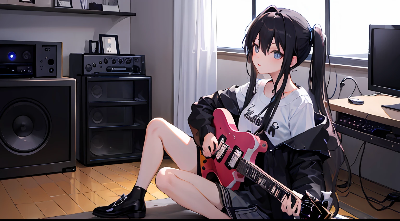 (guitar play、((Black Electric Guitar))、Les paul) 、soio、Room at home、Cyber、natta、darkened room、Music Distribution、YouTuber、personal computers、Large monitor