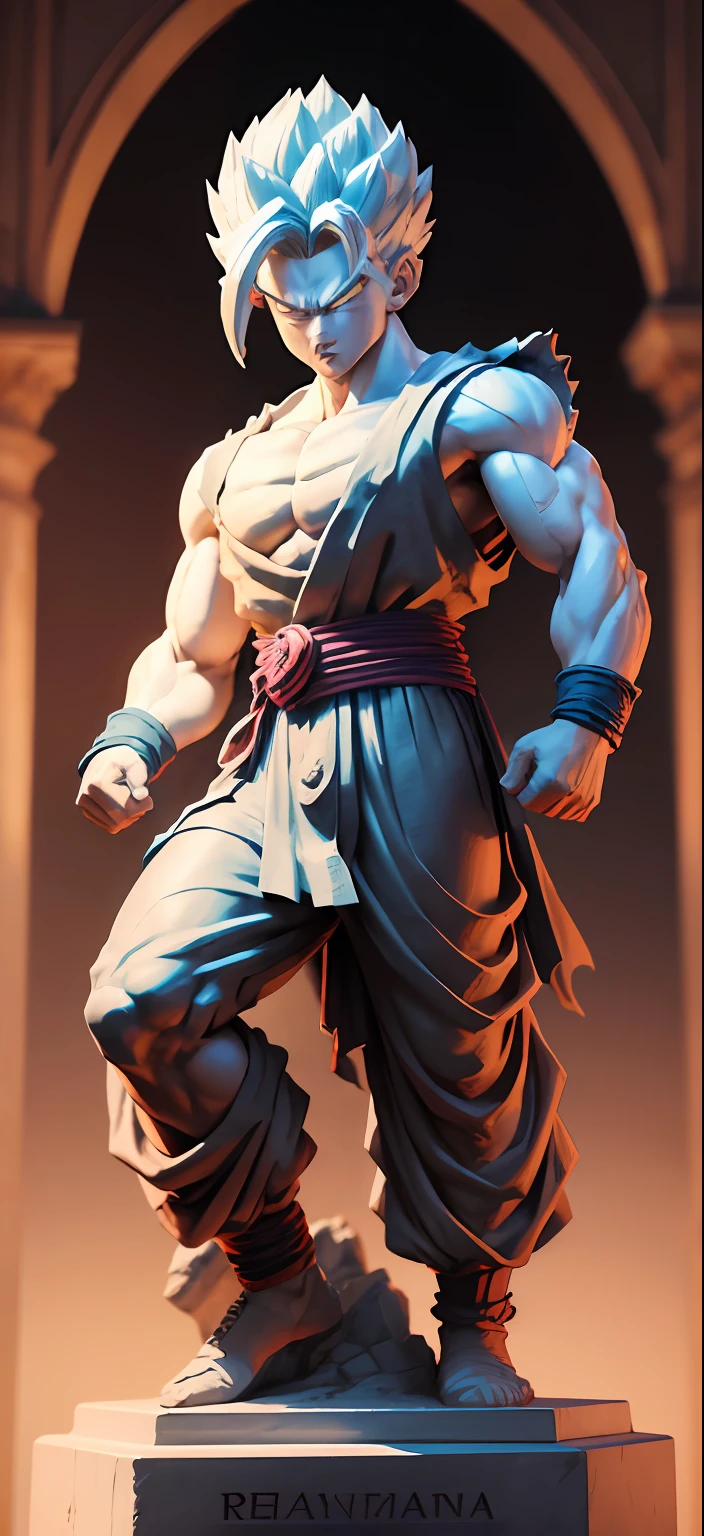 "Imagine a dazzling white marble or white stone statue depicting the character Gohan. The statue should capture the entire essence and power of this iconic Dragon Ball warrior. His posture should reflect Gohan's courage and determination, with clenched fists and a serious facial expression, prestes a enfrentar qualquer desafio que se apresente.
The details of the statue must be worked out with mastery, highlighting the sculpted muscles and the latent strength in his figure. Your fighting attire should be carved with precision, highlighting every fold and detail of Gohan's signature costume.
To further enhance the grandeur of the statue, coloque-a em um pedestal elaborado, with reliefs that tell the story of the epic battles fought by Gohan along his journey.
The statue of Gohan should be a true tribute to his role as a warrior and protector, capturing all their heroism and bravery in a masterpiece of art in white marble or white stone."