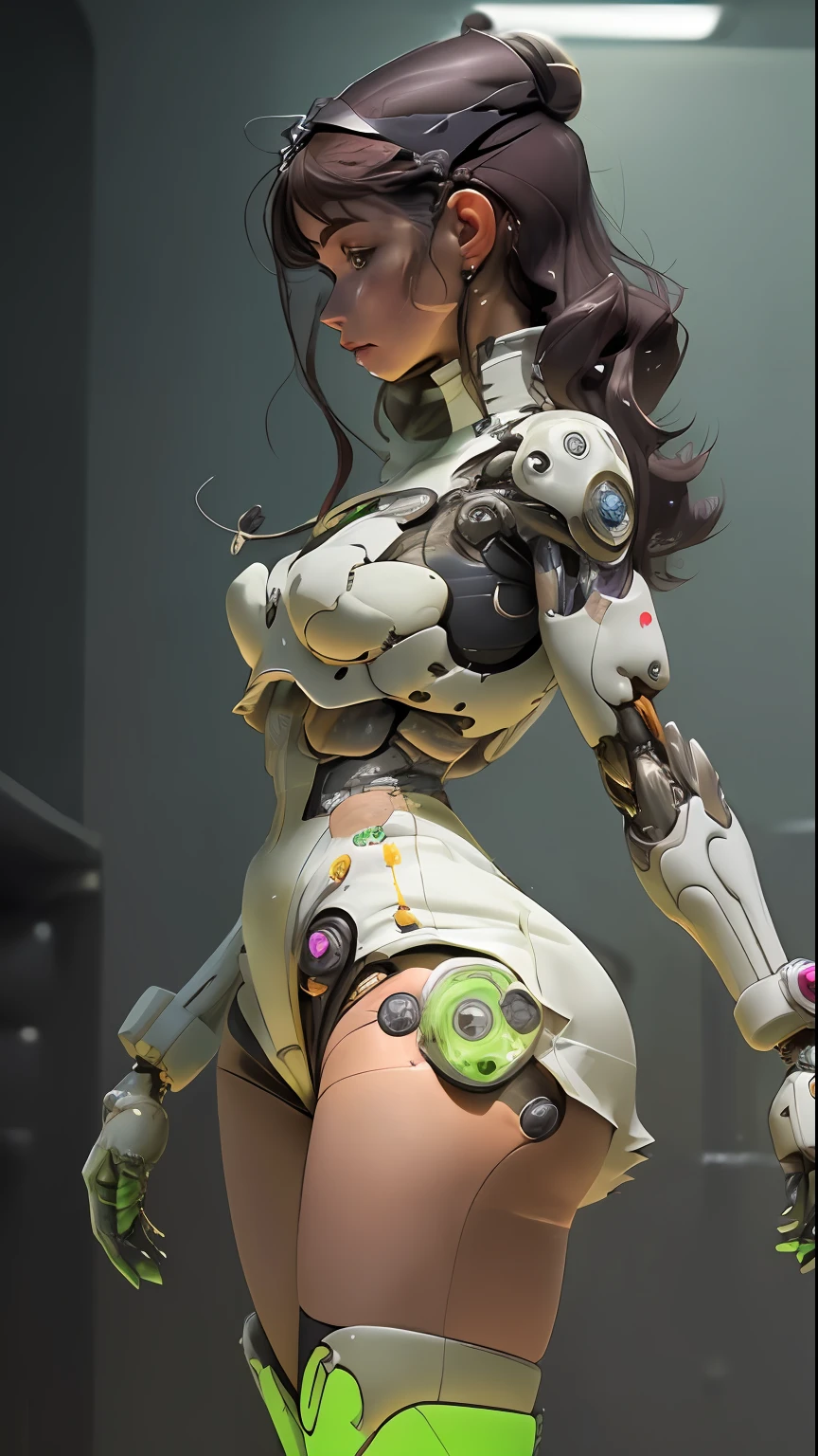 Woman body defined thick thighs cybernetic body parts, ropa interior corta, (((crear perfil  derecho de este personaje)))