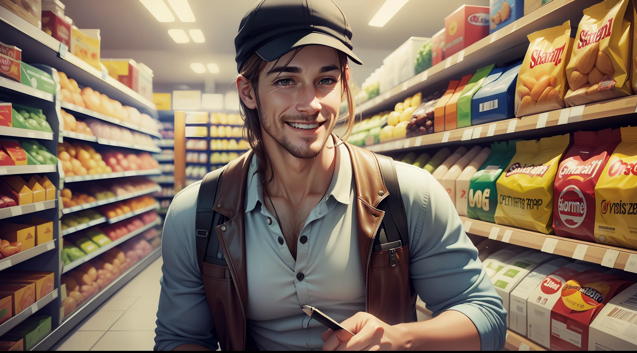 drawing, ultra realistic, 8k, extremely detailed, high quality, smiling man, happy look, shopping in supermarket, natural daylight, ultra realistic image, realistic texture, extremely detailed, realistic texture, high quality,