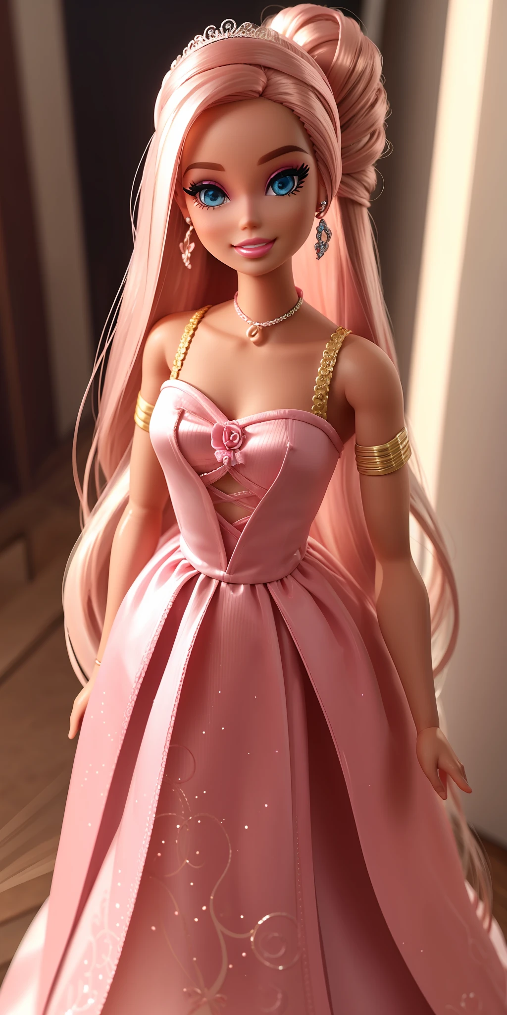 Tiny Barbie, long hair up to the waist and fastened, vestido longo de festa, sem decote, rosa, sozinho, fofinho, Feliz, sorrindo, Rosa, Pixar, ambiente com luz uniforme, --auto