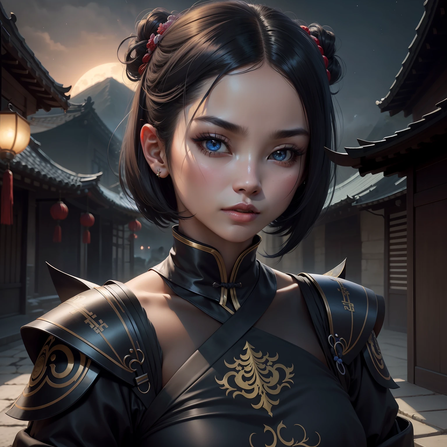 Cultura chinesa, cabelo preto, night sky, rosto detalhado, foco facial, pele brilhante, Jogo CG, nigh sky, fora, ....lua, luvas brancas, magical girl beauty, Menina chinesa, cabelo preto, olhos pretos, franja, franja, franjaaa, Chinese appearance, Ninja, Samurai, Blue aesthetics, cabelo ondulado, cabelo curvado, cabelo curto liso, Intricate surface details, cabelo preto curto, short hair, peitos pequenos, Ninja, luta, katakana, Realistic, fiction, Full-HD, foto 8k