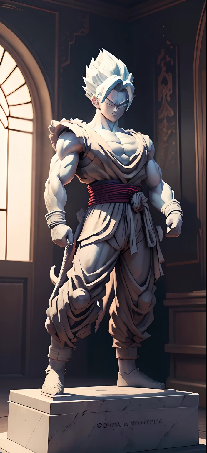 "Imagine a dazzling white marble or white stone statue depicting the character Gohan. The statue should capture the entire essence and power of this iconic Dragon Ball warrior. His posture should reflect Gohan's courage and determination, with clenched fists and a serious facial expression, prestes a enfrentar qualquer desafio que se apresente.
The details of the statue must be worked out with mastery, highlighting the sculpted muscles and the latent strength in his figure. Your fighting attire should be carved with precision, highlighting every fold and detail of Gohan's signature costume.
To further enhance the grandeur of the statue, coloque-a em um pedestal elaborado, with reliefs that tell the story of the epic battles fought by Gohan along his journey.
The statue of Gohan should be a true tribute to his role as a warrior and protector, capturing all their heroism and bravery in a masterpiece of art in white marble or white stone."