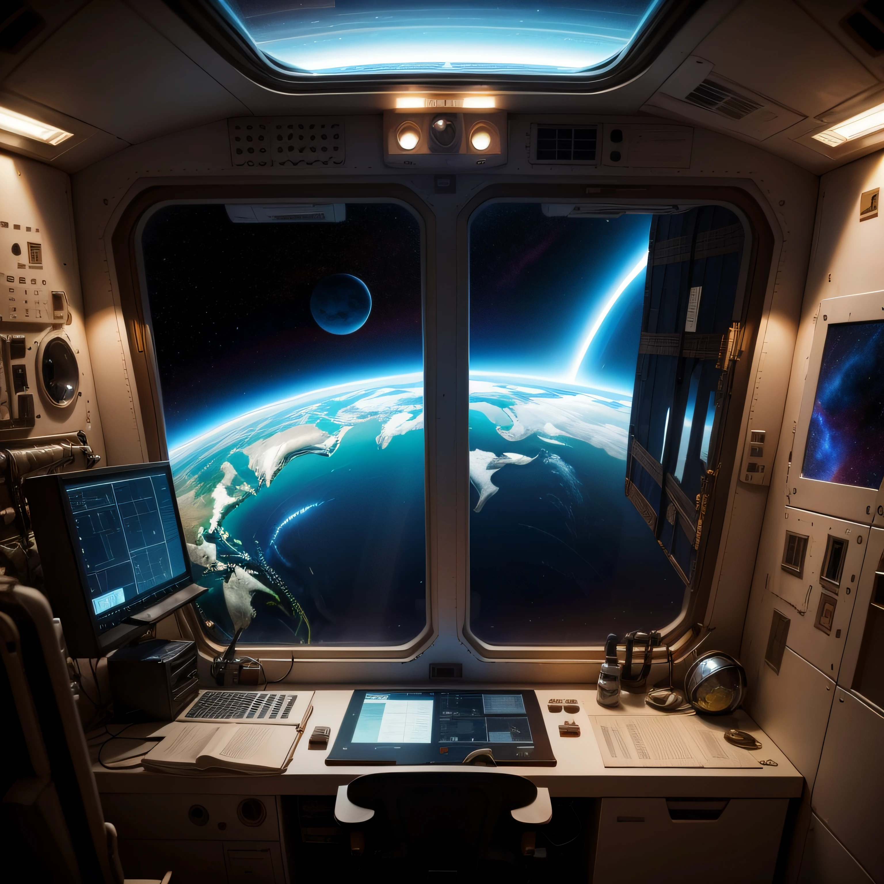 Space environment inside a space station looking out a window overlooking the earth