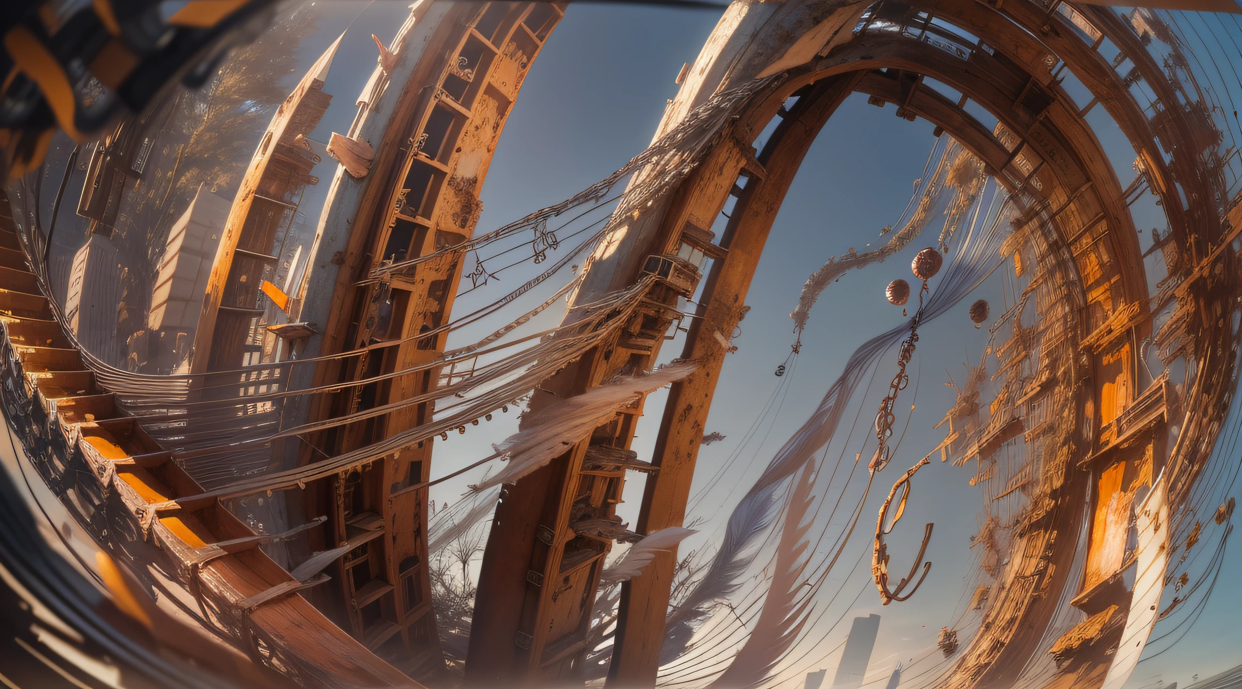 a heavily distorted, fading mid evening clear sky, a singular object comprised of contorted feathers/machinery/pipes/rusted components is floating in the air, steel strings weave into each other, extra detail, 4kHD details, best resolution, surrealistic composition, extreme camera angle, motion blur, depth of field, foreshortening, tilted camera angle, cinematic lighting, movie scene,