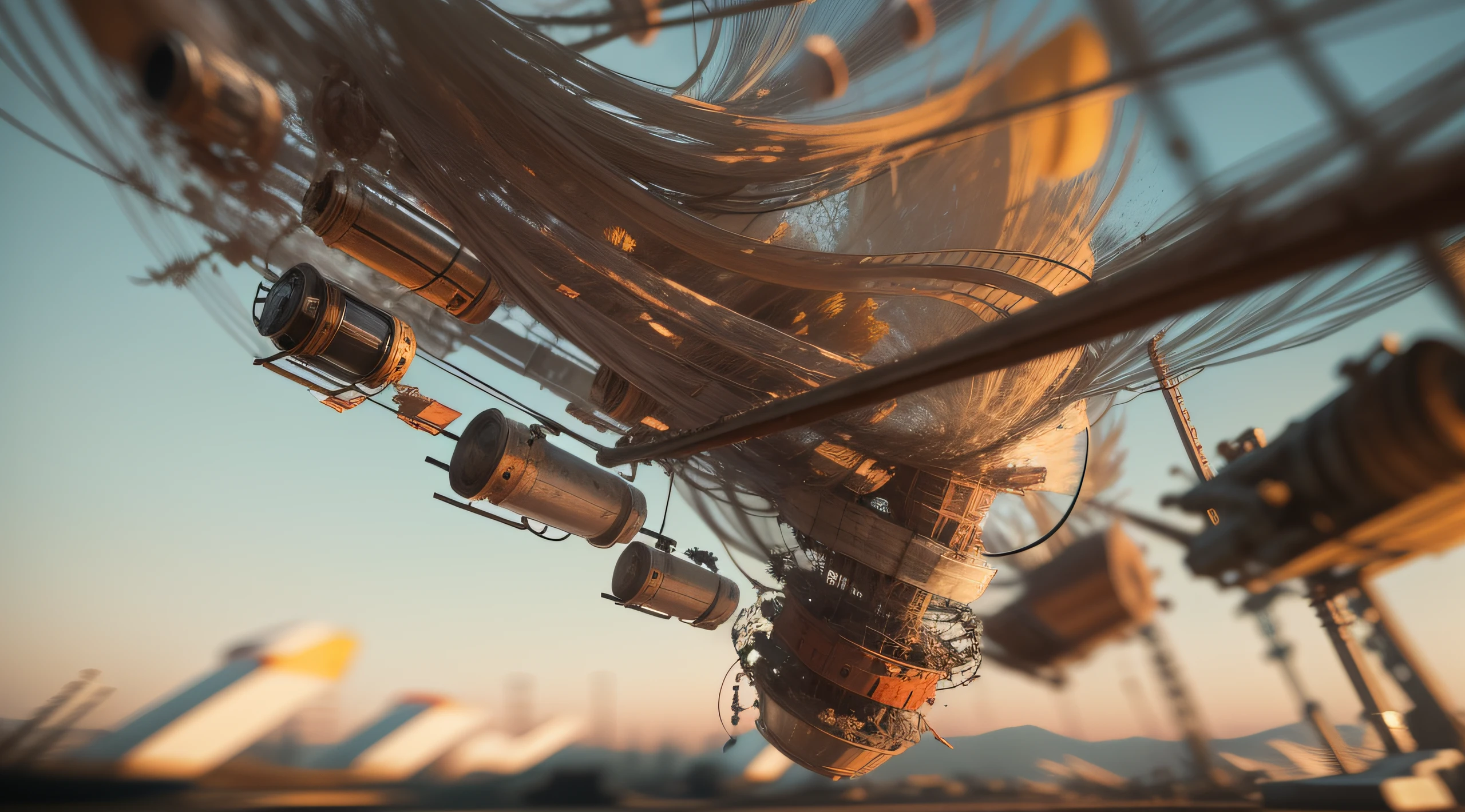 a heavily distorted, fading mid evening clear sky, a singular object comprised of contorted feathers/machinery/pipes/rusted components is floating in the air, steel strings weave into each other, extra detail, 4kHD details, best resolution, surrealistic composition, extreme camera angle, motion blur, depth of field, foreshortening, tilted camera angle, cinematic lighting, movie scene,
