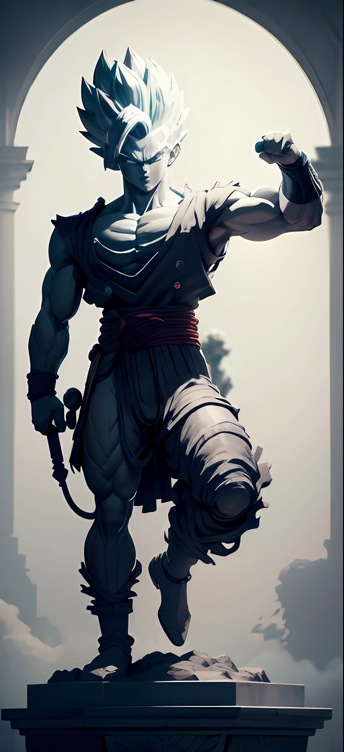 "Imagine a dazzling white marble or white stone statue depicting the character Gohan. The statue should capture the entire essence and power of this iconic Dragon Ball warrior. His posture should reflect Gohan's courage and determination, with clenched fists and a serious facial expression, prestes a enfrentar qualquer desafio que se apresente.
The details of the statue must be worked out with mastery, highlighting the sculpted muscles and the latent strength in his figure. Your fighting attire should be carved with precision, highlighting every fold and detail of Gohan's signature costume.
To further enhance the grandeur of the statue, coloque-a em um pedestal elaborado, with reliefs that tell the story of the epic battles fought by Gohan along his journey.
The statue of Gohan should be a true tribute to his role as a warrior and protector, capturing all their heroism and bravery in a masterpiece of art in white marble or white stone."