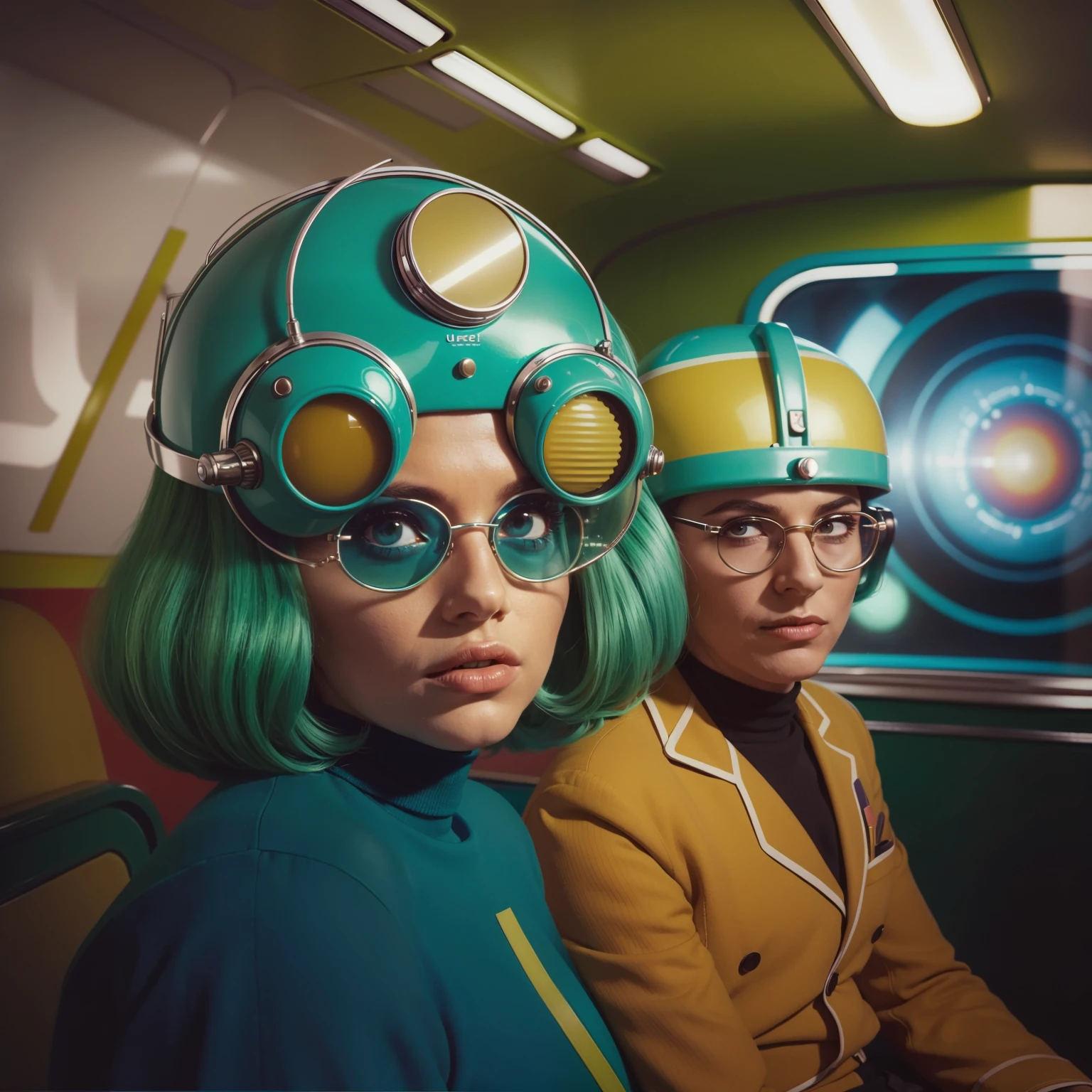 4k image from a 1960s science fiction film by Wes Anderson, Filme O Grande Hotel Budapeste, pastels colors, Young people wearing retrofuturistic alien glasses and holding colorful suitcases and chests on the bus, Retro-futuristic fashion clothes from the 60s with old robots, Luz Natural, Psicodelia, futurista estranho, retro-futurista, photo-realistic, Sharp background details.