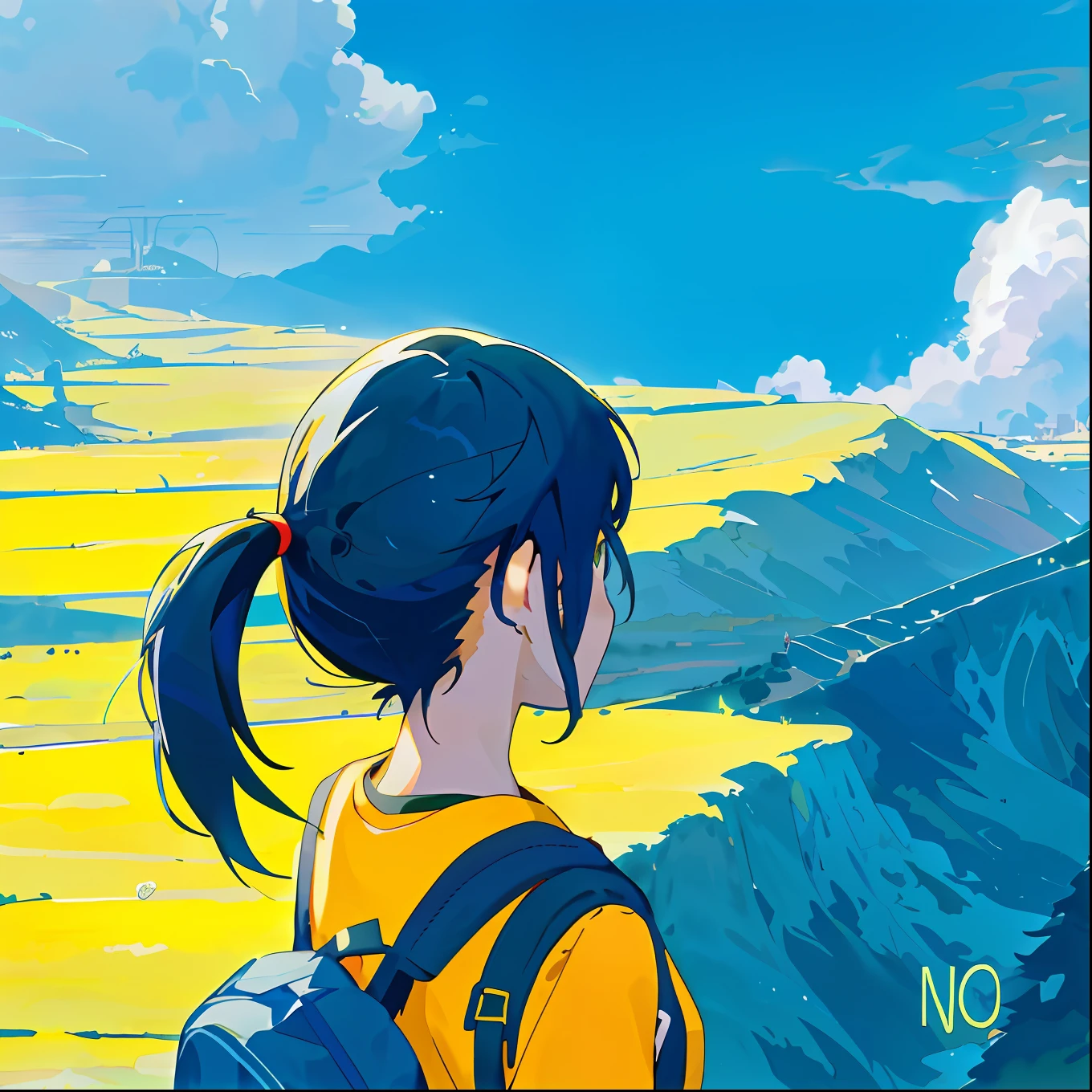 Anime girl looking at mountains with yellow sky in the background, Makoto Shinkai Cyril Rolando, Anime landscape, Makoto Shinkai!, makoto shinkai art style, 4k manga wallpapers, Makoto Shinkai!!, style of anime4 K, anime movie backgrounds, atey ghailan 8 k, Inspired by Atey ghailan