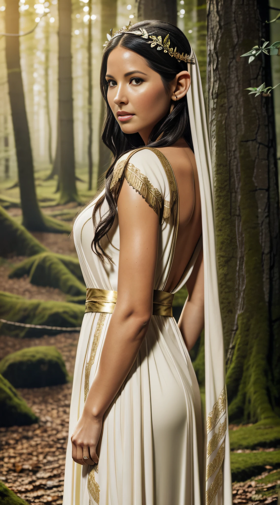 Create a photograph of Olivia Munn, in a realistic style, with high resolution. The photo should be well-lit, with soft light and no harsh shadows. The framing will be full-body, highlighting her enchanting presence and personality. The model will be dressed in an enchanting elven attire, featuring a delicate and flowing dress that evokes the grace and beauty of elves. Soft and earthy tones like white, silver, and gold should be incorporated to evoke the magical essence of elven fashion. Careful lighting and image composition should enhance the womans natural beauty, emphasizing the elegance and charm of the elven outfit, while capturing the essence of a mystical and elegant elven maiden in full-body portrait