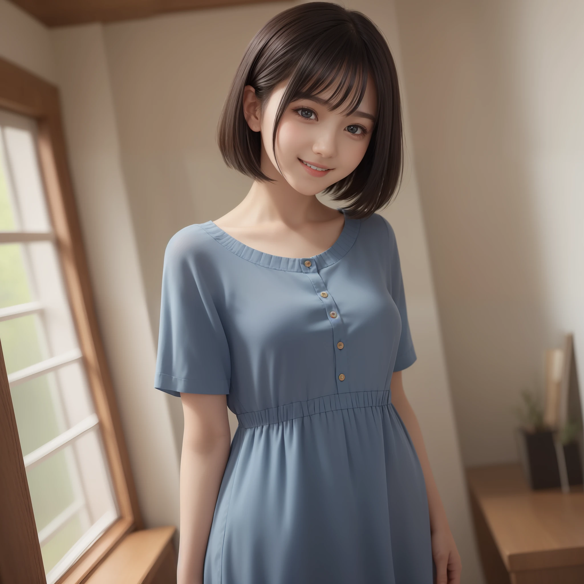 Image of a beautiful girl with top quality CG illustration。In high resolution、Beautiful fine details、tranquil atmosphere。Black Hair Bob Hair、cute smile face。Girl in blue light short sleeve dress standing in room。