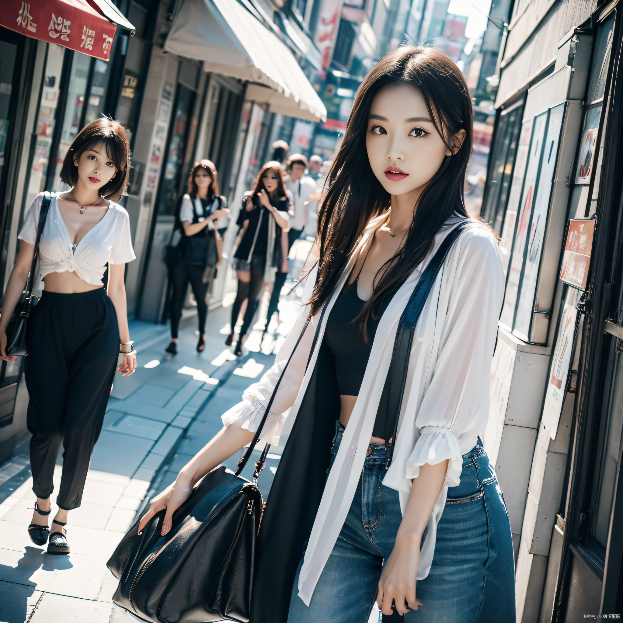 ​masterpiece、hightquality、in 8K、1 beautiful Korean idol、(Bright fashion clothes with bright fashionable women's magazine cover style on colorful dynamic background。low angles、wide-angle lens、14mm lens、sigma、Depth of subject、细致背景、Dramatic scenes、Sateen、Cinematic、Anime style mixed with Fujifilm,Drawing with enhanced hair details、A detailed face、more hair、Detailed nose、Detailed mouth、Detailed body、Hair details、She looks confident、I have a statement accessory at hand、Cover text should be eye-catching、You need a magazine title and a catchy title。Overall Style Modern Fashion、Focus on fashion and lifestyle)、wall-paper、lo fashion、lipsticks、Ray traching、depth of fields、a street、Public Solo、slick skin、The other side、a navel、hason、a necklace、female focus on、modeled、mid-breast、a street、public、uniformss、shortpants、arms folded、Cool、see -through、Jitome、tits out、Floating hair、A sexy、fine fabric emphasis、Dynamic Posture、negative space:0.35、 realisitic:1.33、(Adults:1.4)