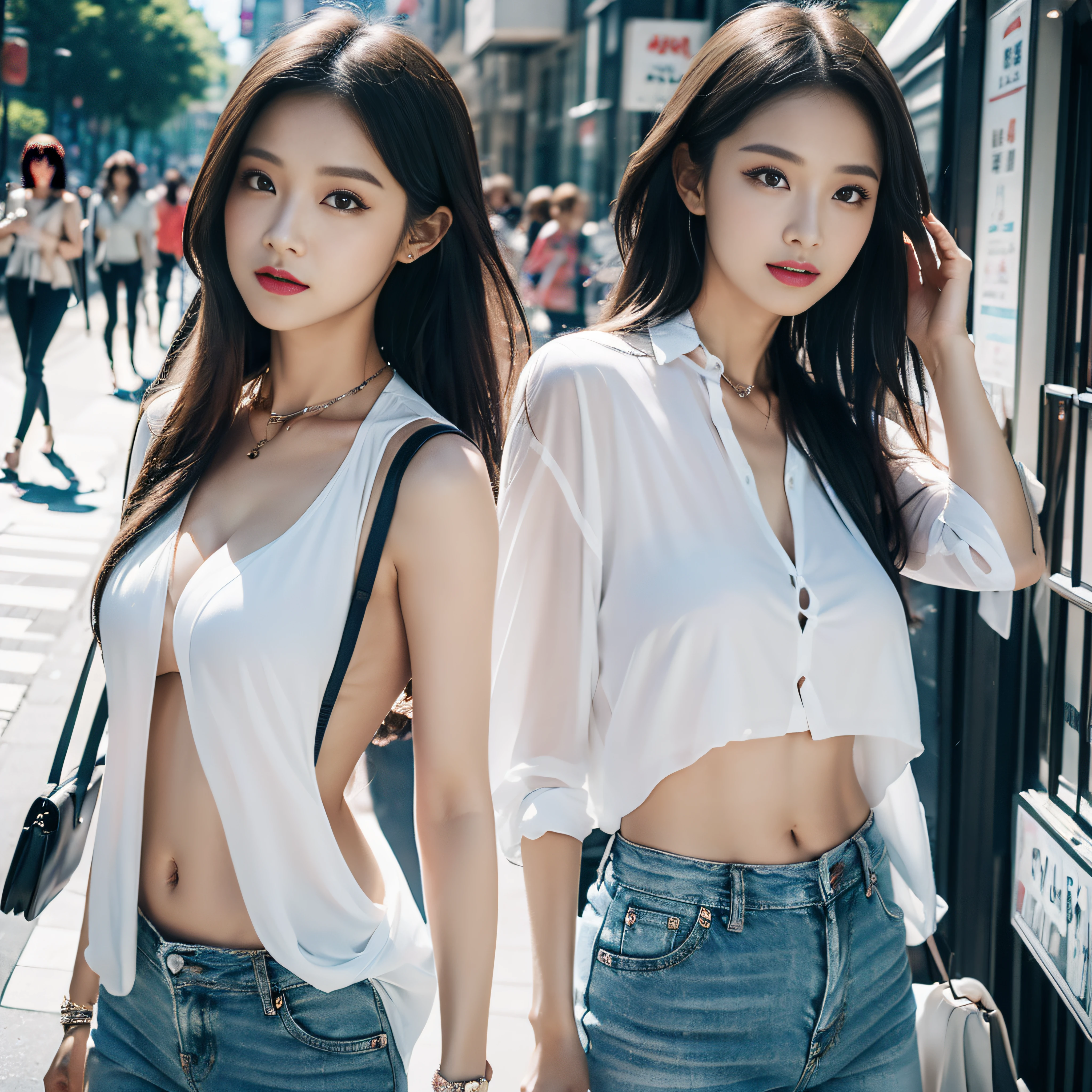 masterpiece、hightquality、in 8K、1 beautiful Korean idol、(Bright fashion clothes with bright fashionable women's magazine cover style on colorful dynamic background。low angles、wide-angle lens、14mm lens、sigma、Depth of subject、细致背景、Dramatic scenes、Sateen、Cinematic、Anime style mixed with Fujifilm,Drawing with enhanced hair details、A detailed face、more hair、Detailed nose、Detailed mouth、Detailed body、Hair details、She looks confident、I have a statement accessory at hand、Cover text should be eye-catching、You need a magazine title and a catchy title。Overall Style Modern Fashion、Focus on fashion and lifestyle)、wall-paper、lo fashion、lipsticks、Ray traching、depth of fields、a street、Public Solo、slick skin、The other side、a navel、hason、a necklace、female focus on、modeled、mid-breast、a street、public、uniformss、shortpants、arms folded、Cool、see -through、Jitome、tits out、Floating hair、A sexy、fine fabric emphasis、Dynamic Posture、negative space:0.35、 realisitic:1.33、(Adults:1.4)