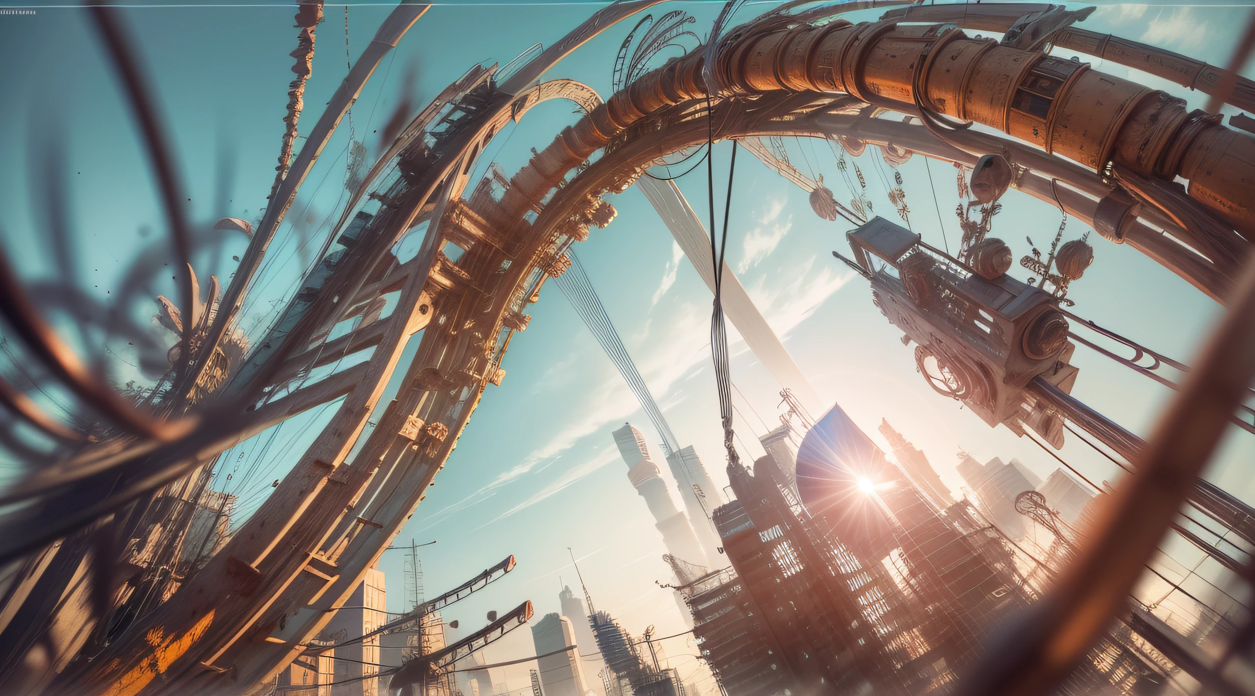 a heavily distorted, fading late morning clear sky, a singular object comprised of contorted feathers/machinery/pipes/rusted components is floating in the air, steel strings weave into each other, extra detail, 4kHD details, best resolution, surrealistic composition, extreme camera angle, motion blur, depth of field, foreshortening, tilted camera angle, cinematic lighting, movie scene, lens flare