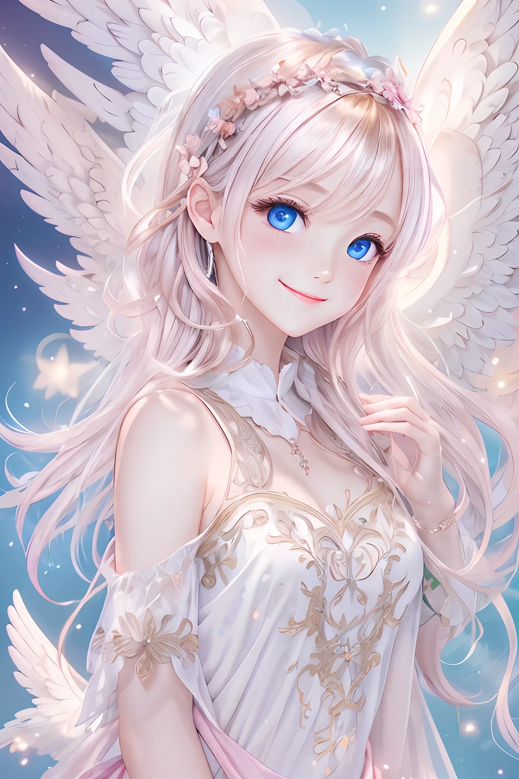 Blue-eyed angel、More Beautiful Angels、Fantastic Angel、Heavenly background、brilliance、A smile、pink back ground