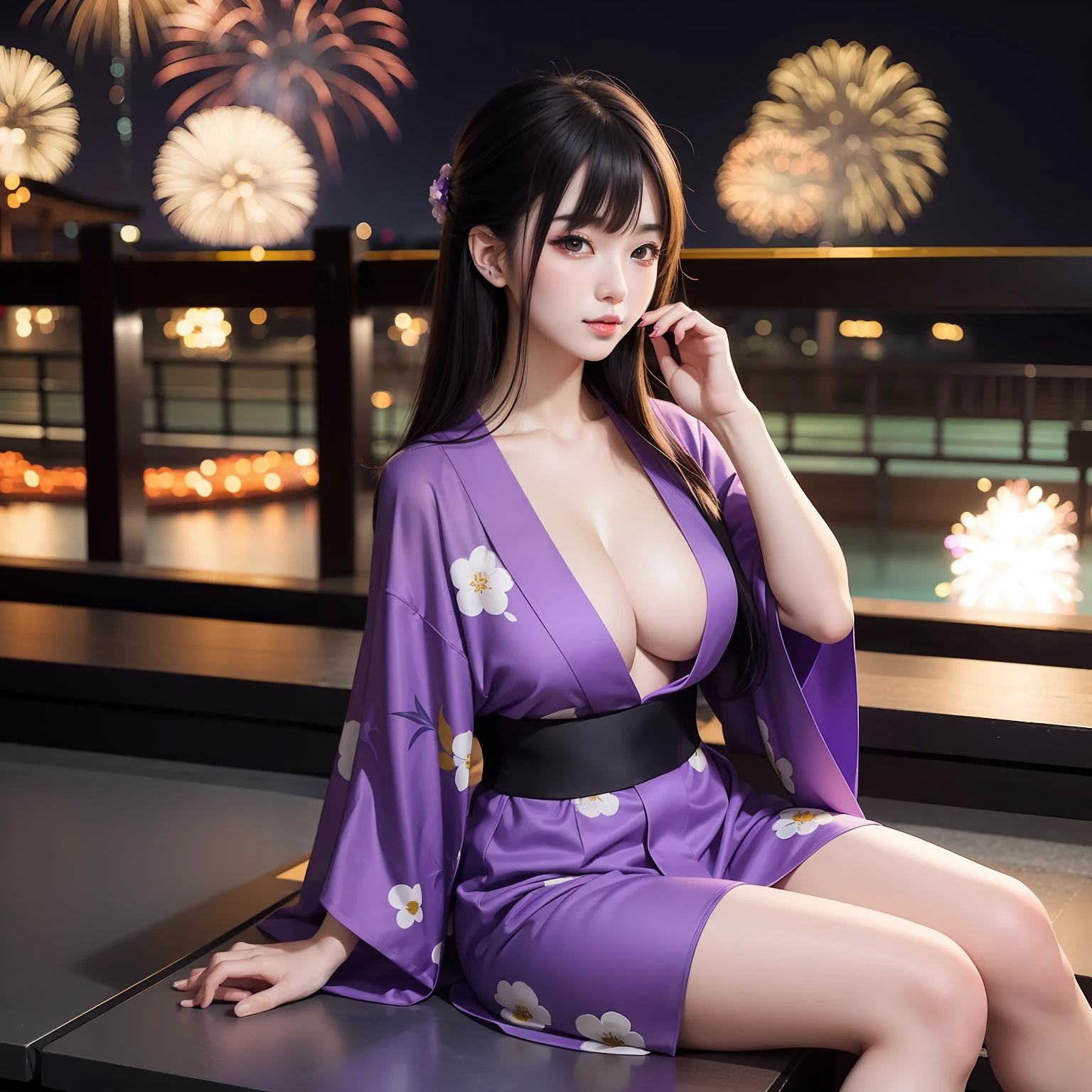 Sit back and watch the fireworks display, spread legs,Woman in purple yukata, Long black hairstyle,Gorgeous Japan Woman, sexy look at the camera, Good Young H Cup Bust Girl
