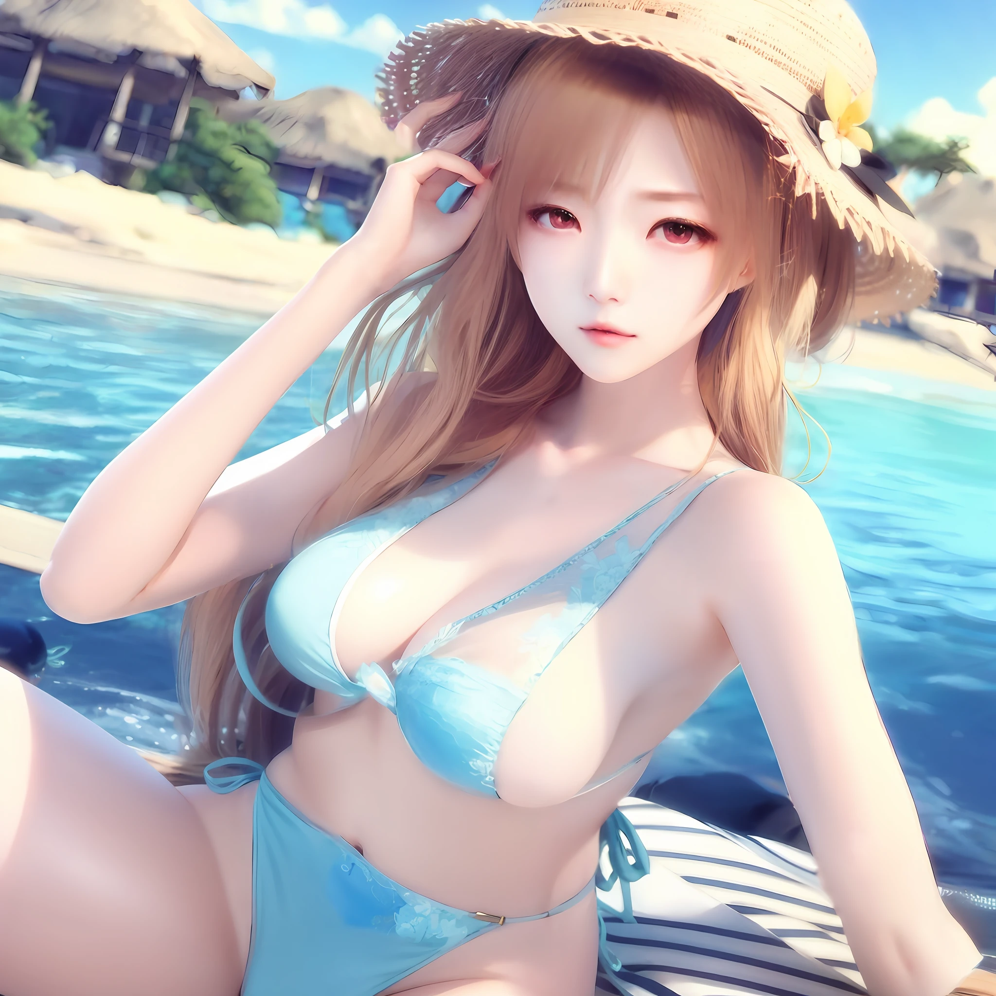 masterpiece、Novel swimwear、pleasing、balance、A sense of unity、Stylish and innovative straw hat、Clean sea、Scenic beauty、
