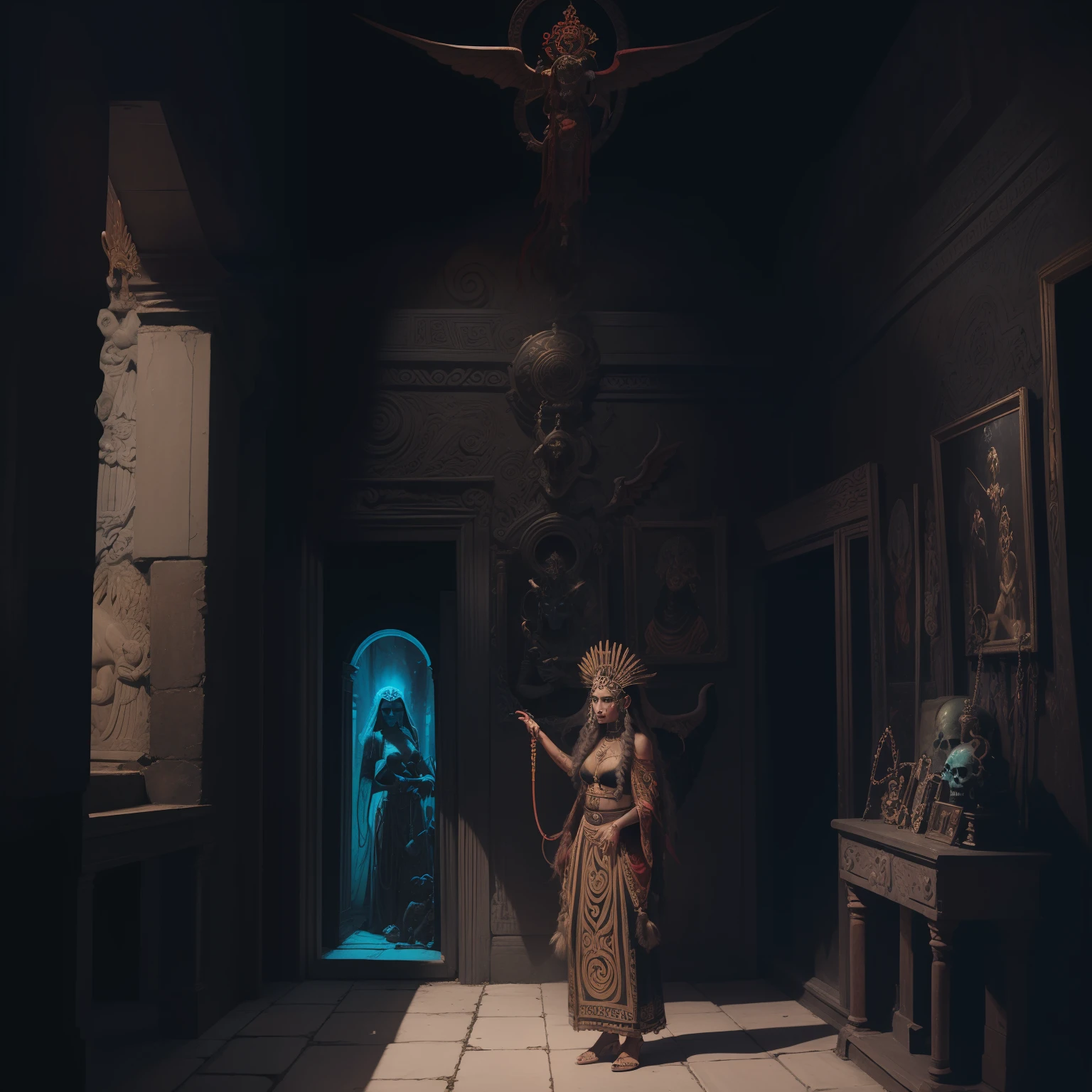 painting of a woman with a fan and a demon on a wall, classic mayan mythology, aztec mythology, historical artistic depiction, greek dark ritual myth, angel in hell, the annunaki making humans, sacred skulls, epic biblical depiction, ossuary, shamanic dmt horror art, ancient science fiction art, battle between angels and demons, satan in hell, kali