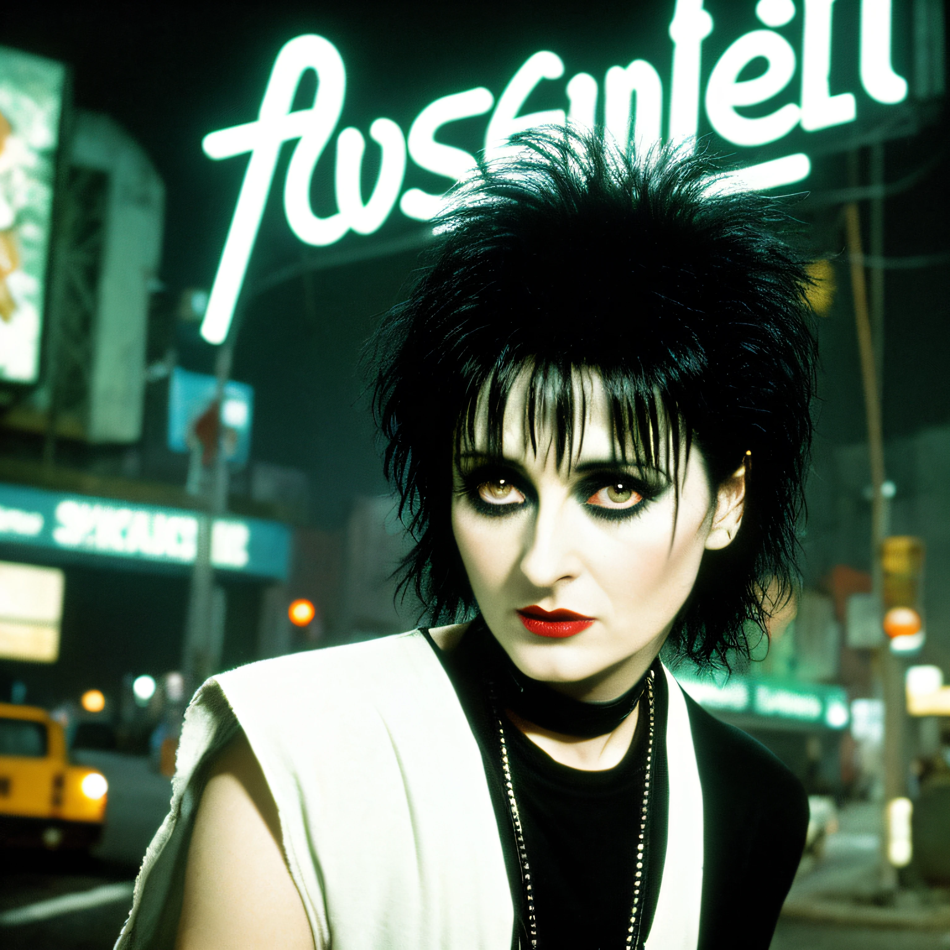 Siouxsie Sioux as a young man, baggy white T-shirt with rolled-up sleeves, T-shirt emblazoned with a large crocodile eye, the following sentence written in large red letters above the printed crocodile eye: BORN TO KILL, disheveled black hair, dark eyes, image background consisting of industrial-style walls with character posters from '60s horror movies, 70 and 80, futuristic environment, large and technological motorcycles, motorcycle consisting of a mixture of vintage and futuristic styles, 1 green zombie holding a technological and futuristic weapon in the background Siouxsie, navy blue sky with mixtures of gray and black colors, stars in the sky, full moon and illuminated, city similar to that of the movie blade runner, Robert Smith as mummy, a dirty tunnel and with posters hanging on its walls in the background to Siouxsie Sioux, on his left side, old red street phone in photo, 8k, super realistic image, professional photo, realistic image, full body view, Bottom-of-well angles ascending