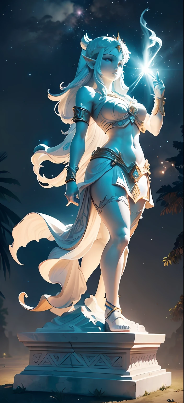"Create an impressive white stone statue in the style of majestic Roman statues, com detalhes em ouro, portraying the iconic Princess Zelda. Place her in a night setting with a starry sky, giving a magical and enchanting aura to the sculpture."