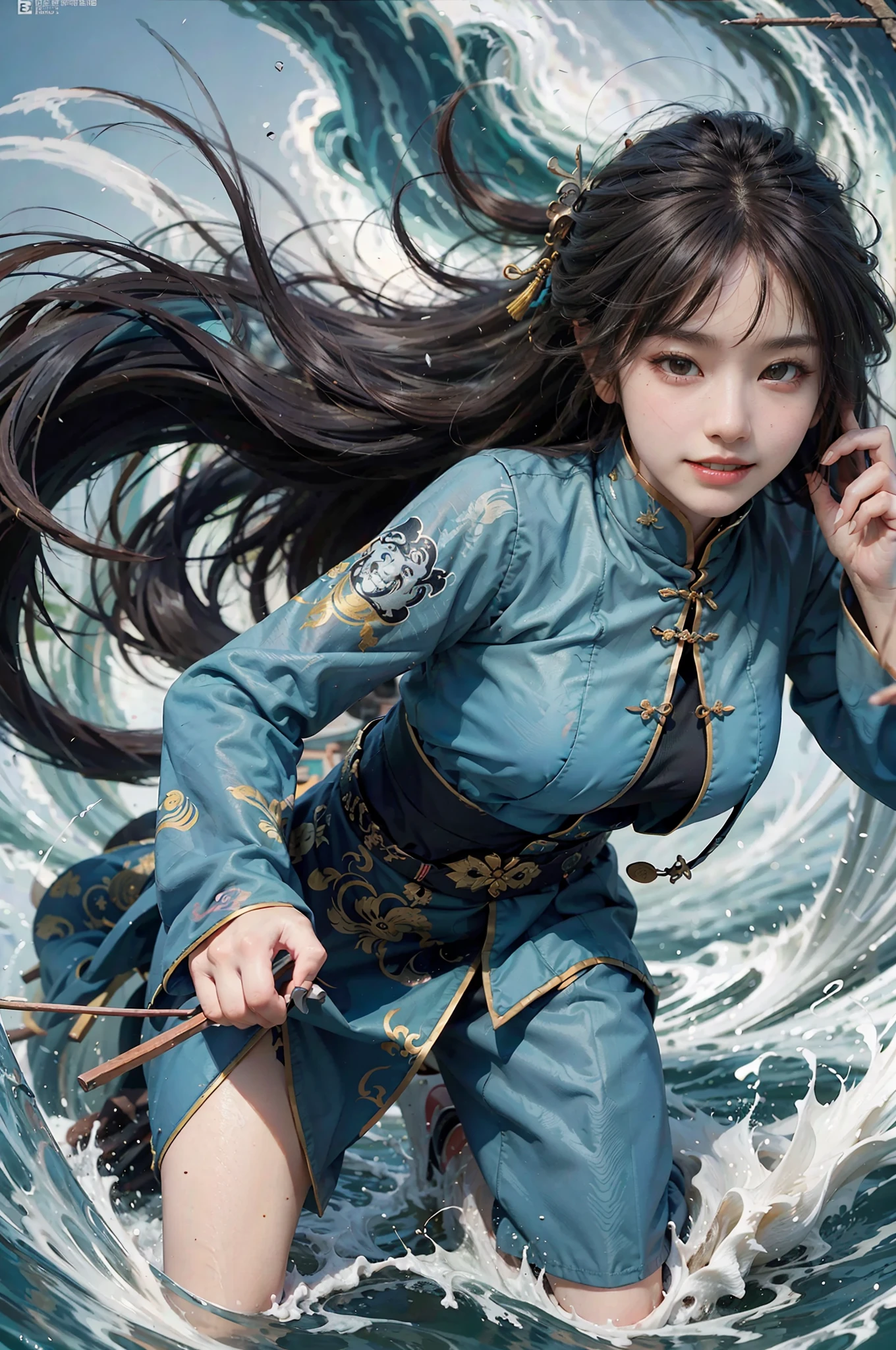 ((best quality)), ((masterpiece)), ((realistic)), Evil monster, disheveled hair, teeth and claws, Tibetan Buddhist costumes, terrifying eyes, evil smile, amidst strong wind, turbulent waves, inspired by traditional Chinese ink painting, ink, full body portrait, dominantly black and white, subtle use of natural green and blue, high-definition 2D, high-definition, on eye level, scenic, masterpiece. --auto --s2