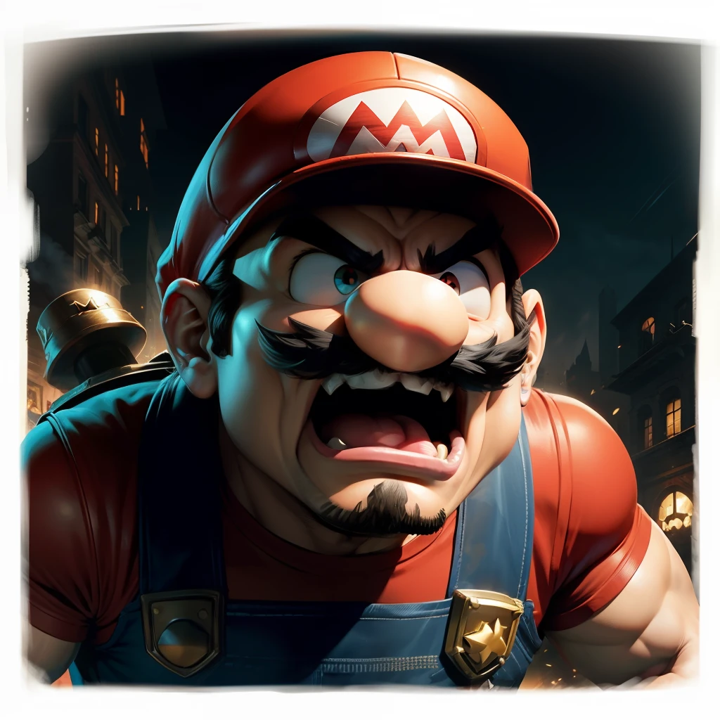super mario, furious, Iron Maiden style, dark, perfect