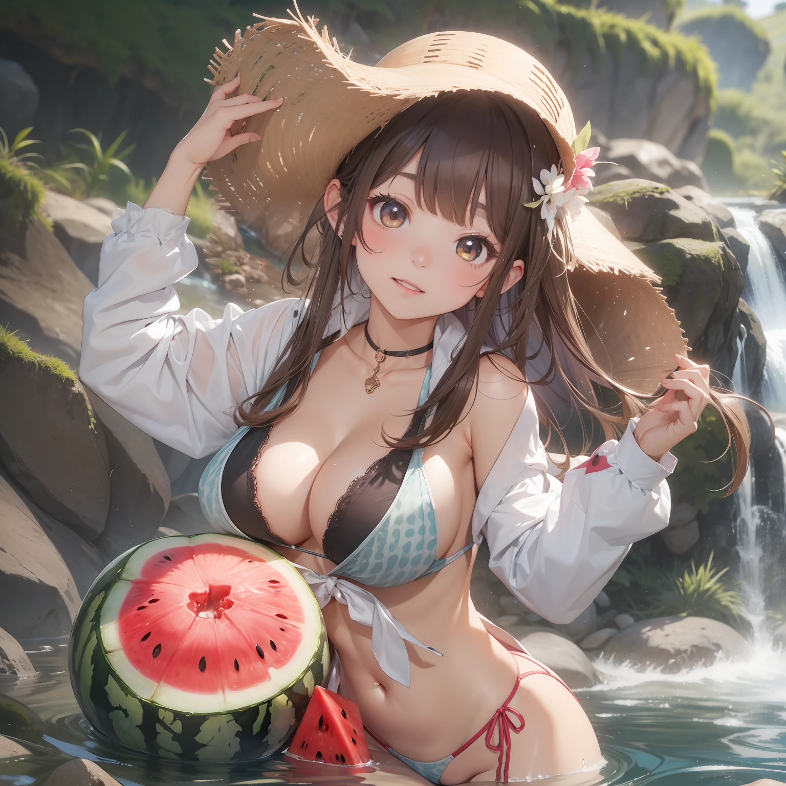 hightquality、8K、1girl in、mountain stream、watermelons、Outdoor Clothing、large full breasts、独奏、hight resolution、perfect-composition、looking at the viewers、perfect bodies、face perfect、perfect brown eyes、Rip Bimbo、​masterpiece、Small waist、sexypose、