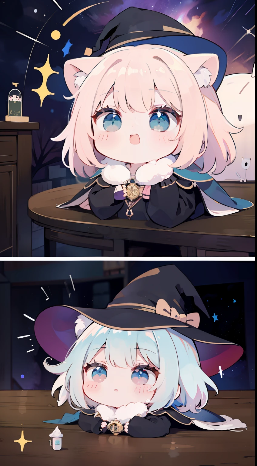 Chibi、Mini、the witch、fight、magia、witch outfit、witch's hat、masterpiece、top-quality、Top image quality