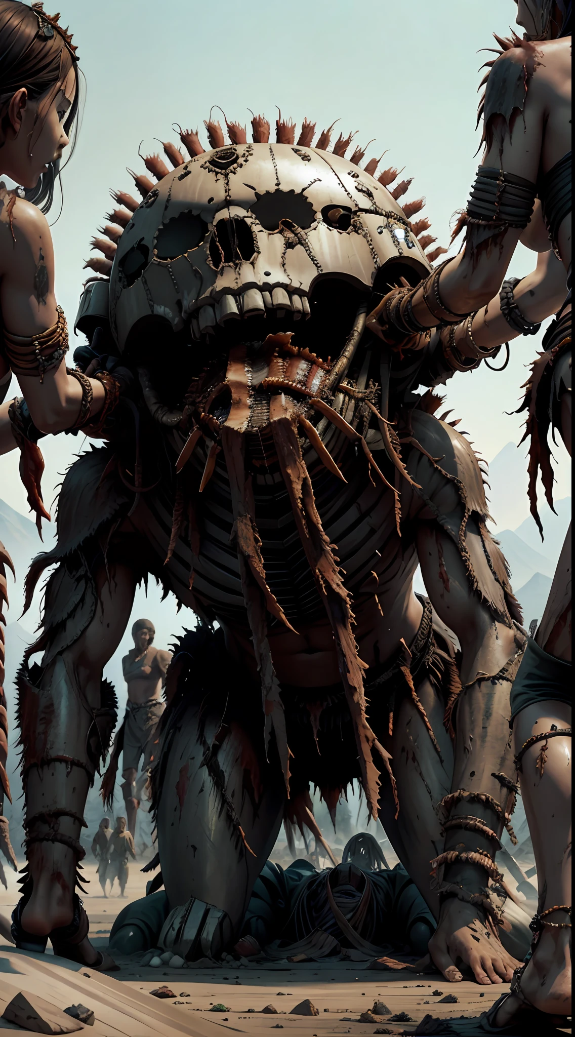 Tribe of humans awakely devouring the flesh of a human corpse that is torn apart