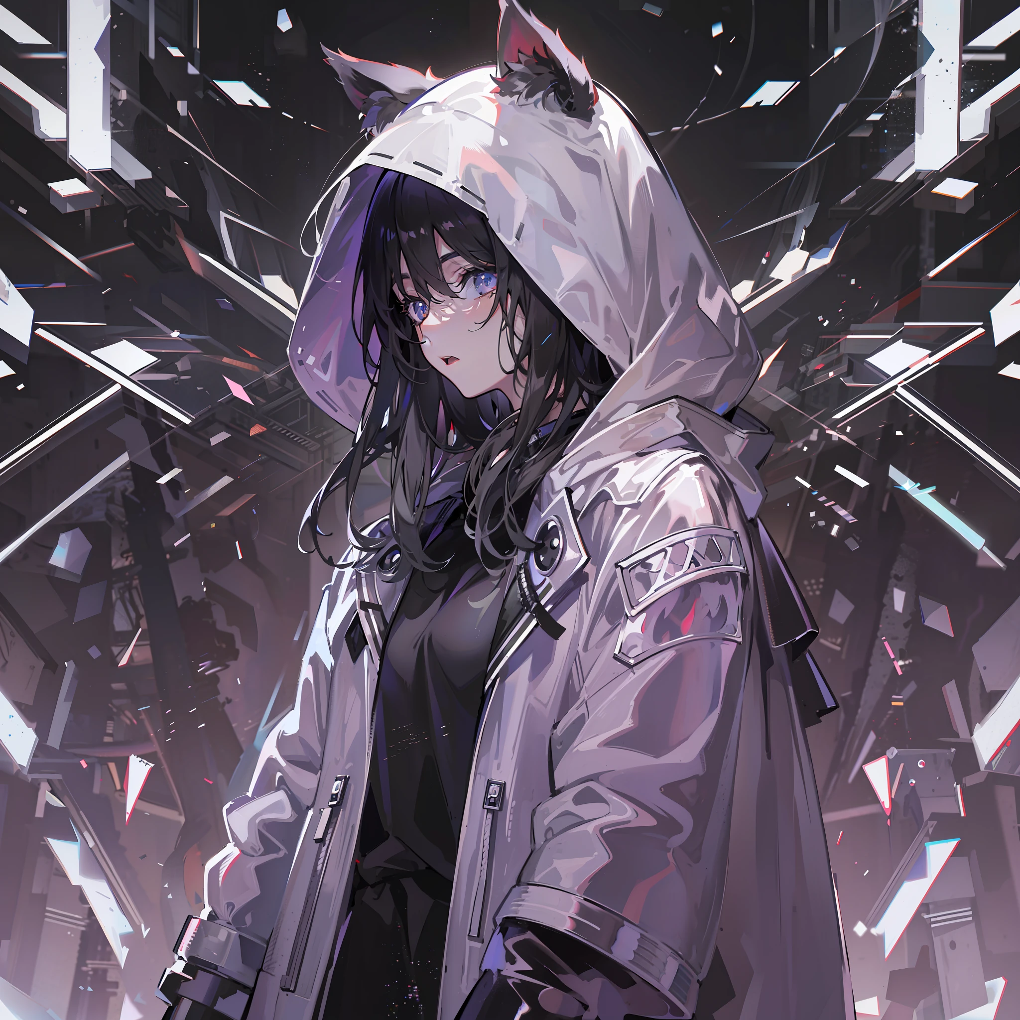 tmasterpiece, best qualtiy, hyper-high detail, style of anime,HDR,8K,anime wallpaper,a sense of atmosphere,4K,absurderes,Light sci-fi atmosphere,)(Cat-eared girl,cat ear,brunette color hair,Black and white hooded cloak,He holds a silver longsword with sci-fi patterns)(White minimalist pattern decoration)(Huge black space as background)