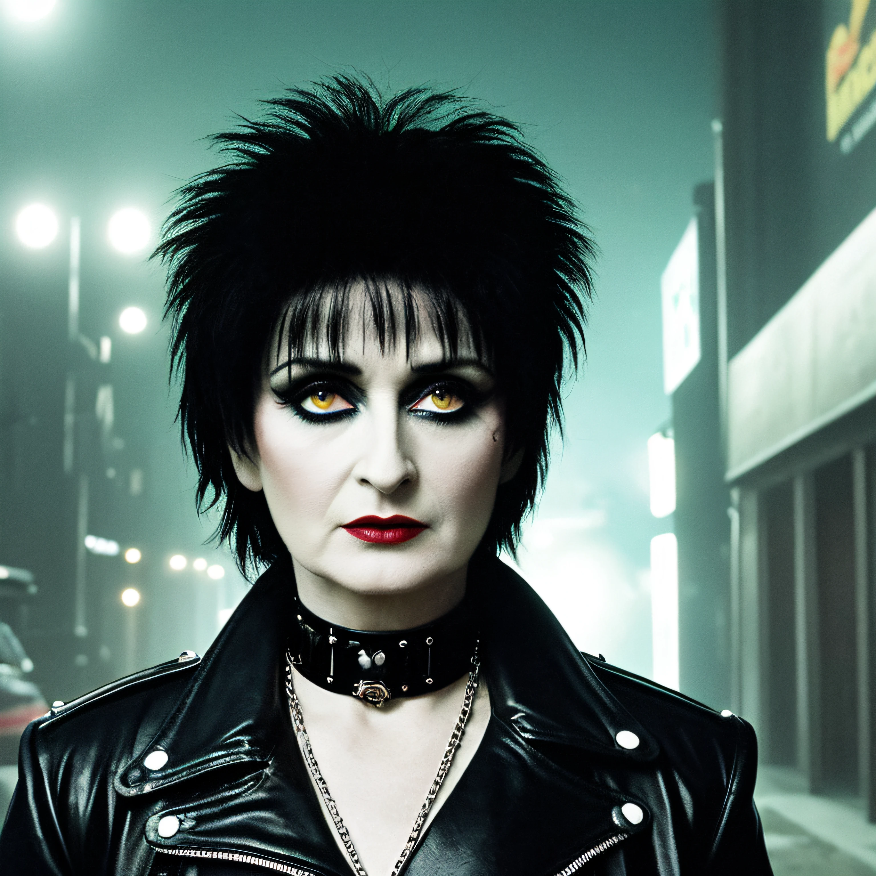 Siouxsie Sioux as a young man, baggy white T-shirt with rolled-up sleeves, T-shirt emblazoned with a large crocodile eye, the following sentence written in large red letters above the printed crocodile eye: BORN TO KILL, disheveled black hair, dark eyes, image background consisting of industrial-style walls with character posters from '60s horror movies, 70 and 80, futuristic environment, large and technological motorcycles, motorcycle consisting of a mixture of vintage and futuristic styles, 1 green zombie holding a technological and futuristic weapon in the background Siouxsie, navy blue sky with mixtures of gray and black colors, stars in the sky, full moon and illuminated, city similar to that of the movie blade runner, Robert Smith as mummy, a dirty tunnel and with posters hanging on its walls in the background to Siouxsie Sioux, on his left side, old red street phone in photo, 8k, super realistic image, professional photo, realistic image, full body view, Bottom-of-well angles ascending