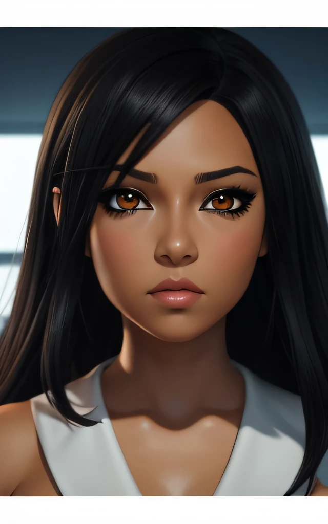 anime, tanned skin, full body portrait of jpk, a woman with (((black hair))) and (((hazel eyes))), (((femme fatale))), white dress, 8k, unreal engine, octane render, by kyun, gamang, Yoon Gon-Ji, g.ho, gosonjak, shuroop, serious, domi, noah, trending on pixiv, fanbox, skeb, masterpiece, detailed face, smooth soft skin, big dreamy eyes, beautiful intricate colored hair, symmetrical, anime wide eyes, soft lighting, concept art, digital painting, noir detective office