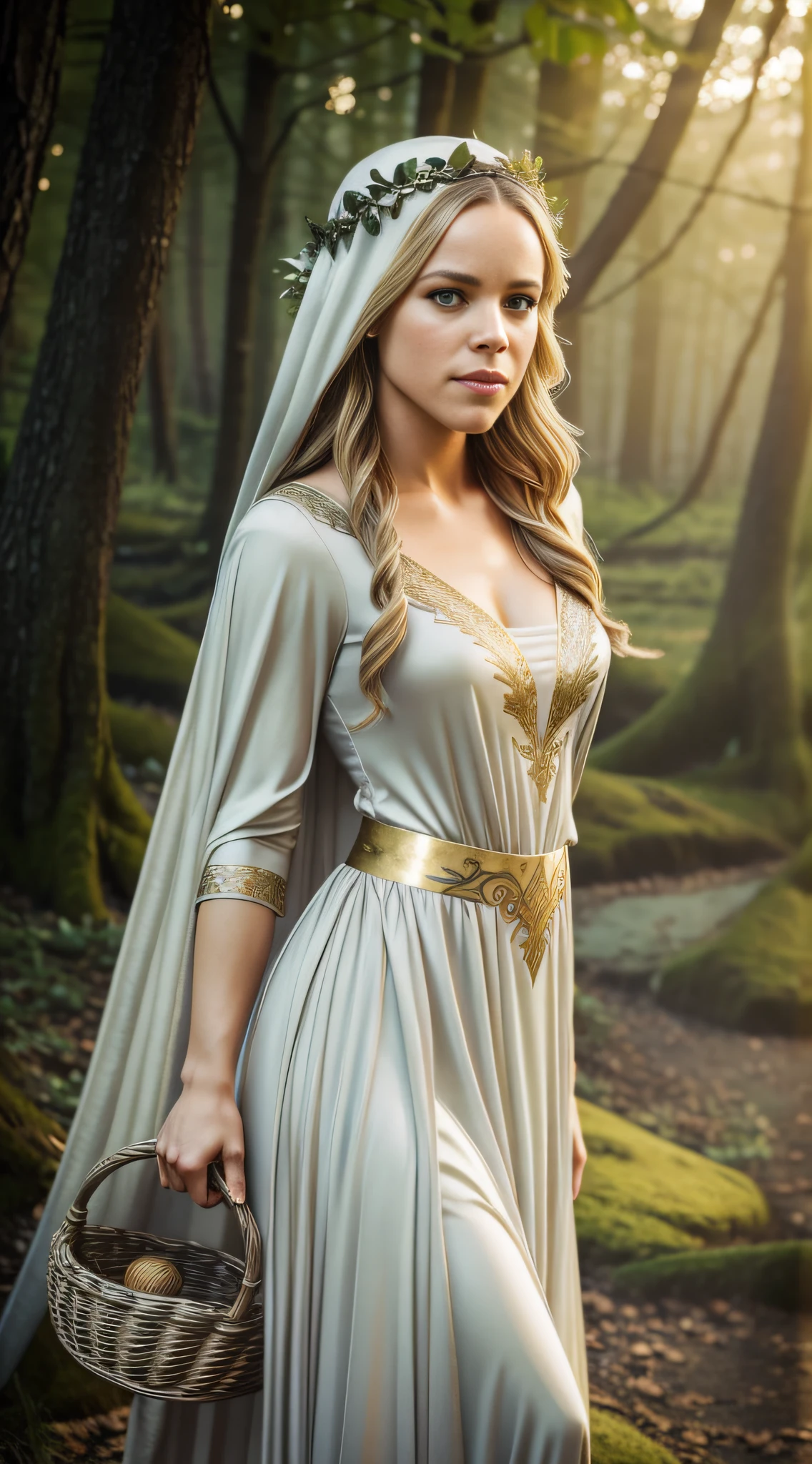 Create a photograph of Rachel McAdams, in a realistic style, with high resolution. The photo should be well-lit, with soft light and no harsh shadows. The framing will be full-body, highlighting her enchanting presence and personality. The model will be dressed in an enchanting elven attire, featuring a delicate and flowing dress that evokes the grace and beauty of elves. Soft and earthy tones like white, silver, and gold should be incorporated to evoke the magical essence of elven fashion. Careful lighting and image composition should enhance the womans natural beauty, emphasizing the elegance and charm of the elven outfit, while capturing the essence of a mystical and elegant elven maiden in full-body portrait