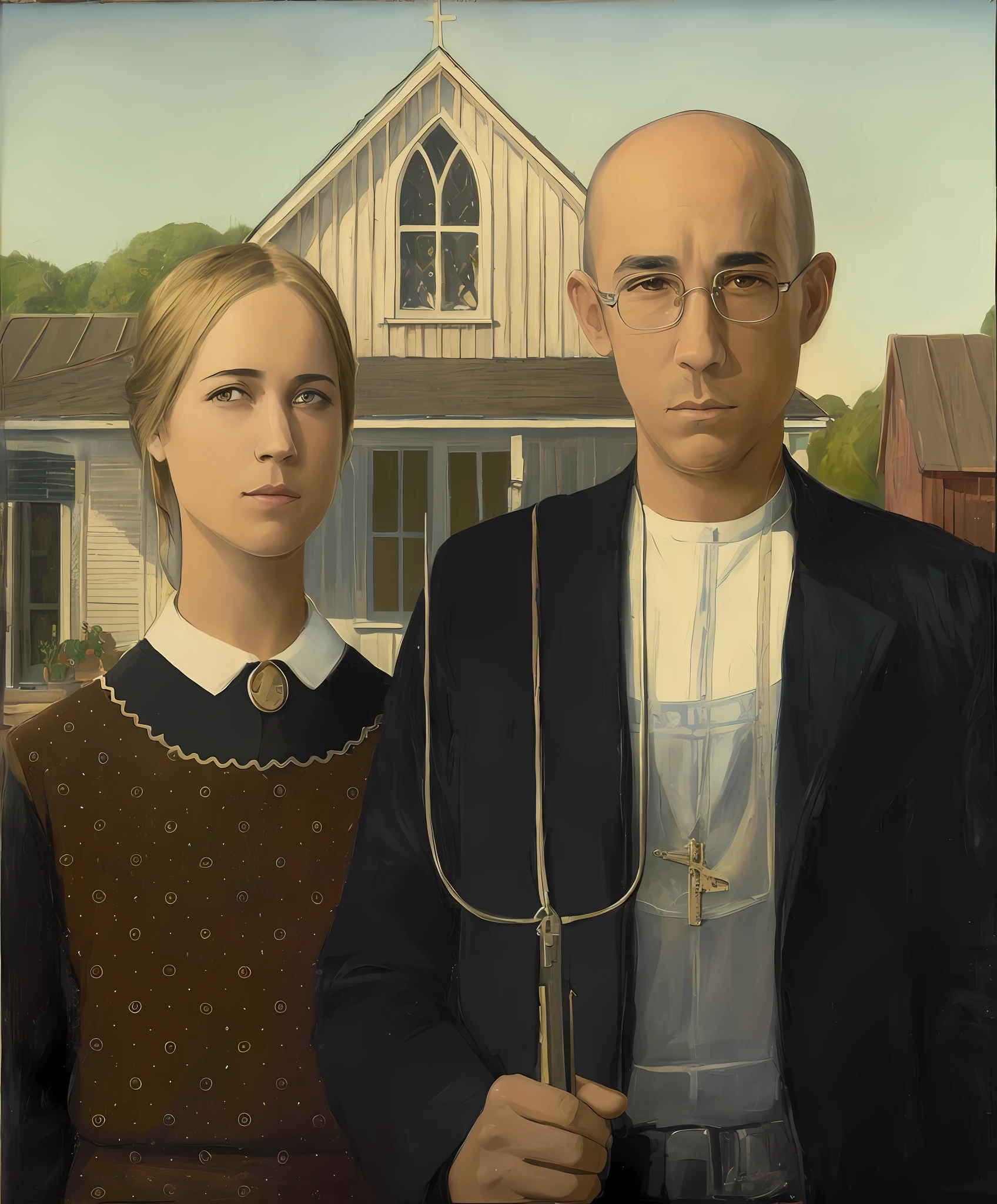 painting of a man with leather jacket and white shirt by baico, a faint smile, in his hand has a key of a car,his face must be identical to that of the actor Vin Diesel, and a woman wearing a white regatta version shirt, with a thin iron necklace in the shape of a cross at its tip, a slight smile, his face should identical to the actor Michelle Rodriguez, a painting of two people, looking directly at the viewer, couple