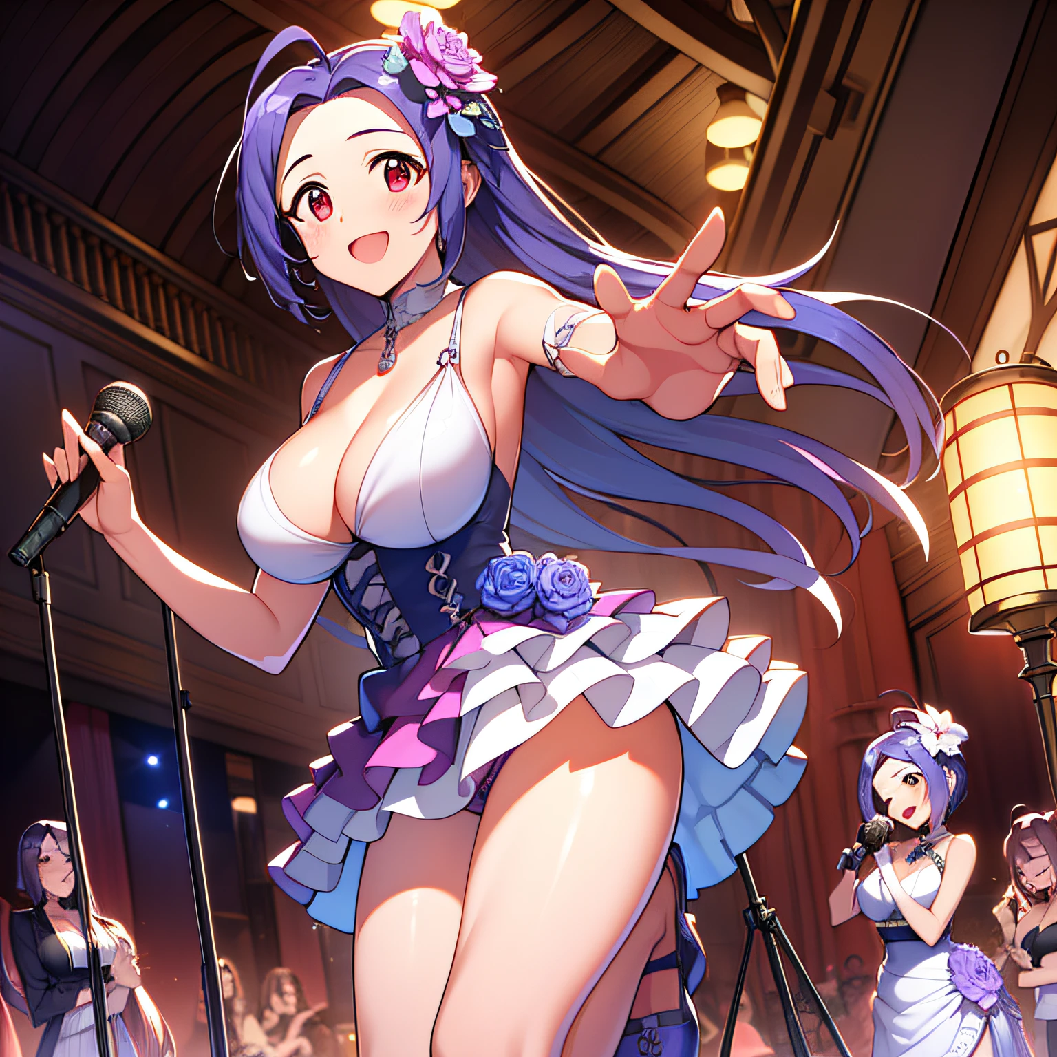((Masterpiece)), (((Best quality))), ((Ultra-detailed)), ((illustration)), ((Disheveled hair)), ((frilld)), (1 Girls), (Solo),
flower,
hand_on_hip,
looking_at_viewer,
open_mouth,
rating:safe,
;d,
holding_microphone,
microphone,
microphone_stand,