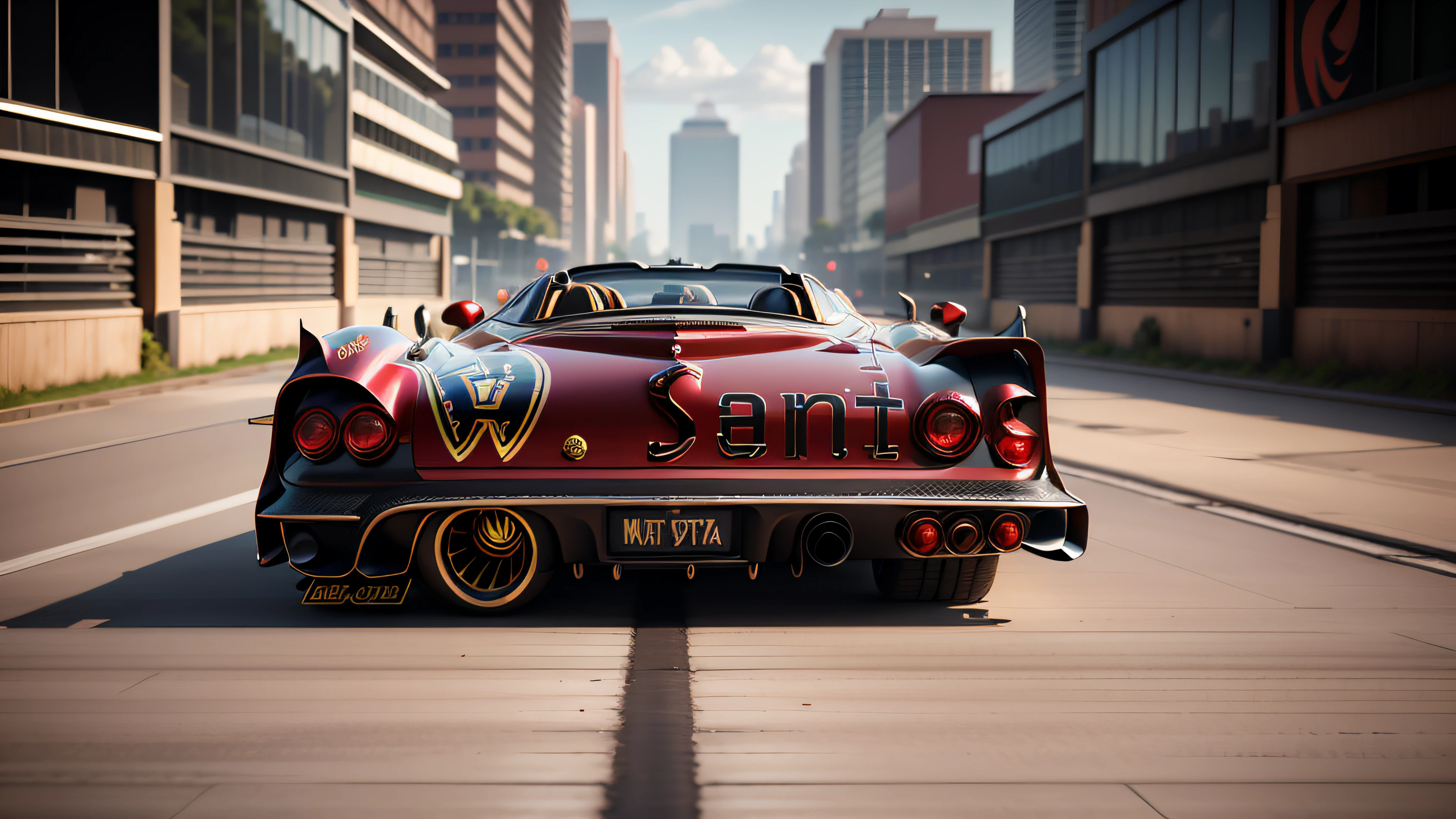 Logo com o nome W. Santos com tema vermelho da Ferrari, 4k, 3D-rendering, hiper realista, sobre uma pista de corrida, NVIDIA, ray-traced, Bokeh, profundidade de campo, Sinalizadores,