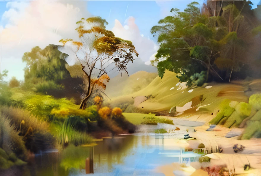 pintura de um rio que atravessa um vale verde exuberante com uma ponte, paisagem campestre anime, Pintura digital 4K, Pintura digital 4k, arte conceitual de pintura digital, vale exuberante, pintura digital bonita, WLOP e RHADS, Arte de fundo, scenery artwork, baixo detalhamento. pintura digital, 8k resolution digital painting, 8k resolution digital painting, pintura digital detalhada