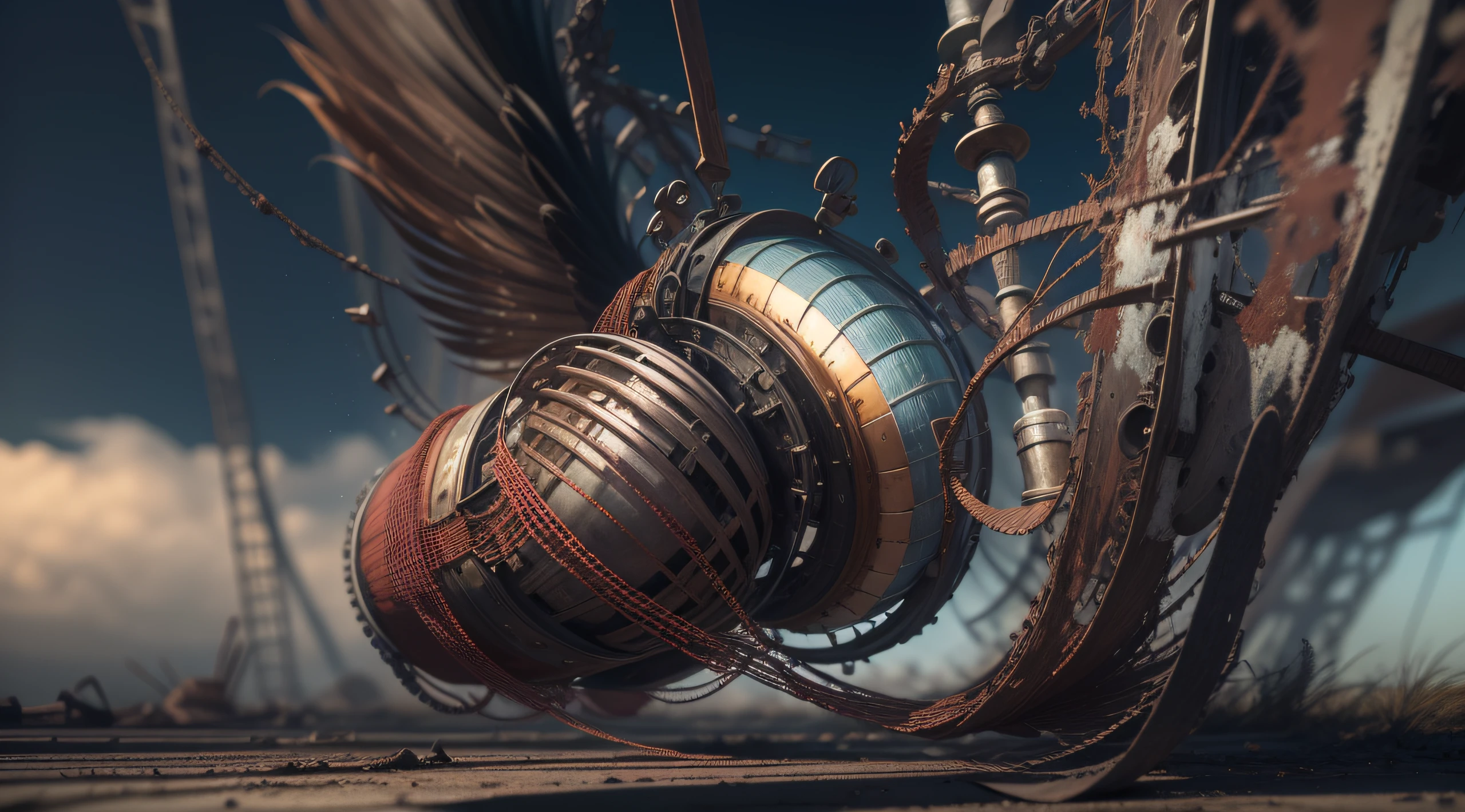 a heavily distorted, fading mid evening clear sky, a singular object comprised of contorted feathers/machinery/pipes/rusted components is floating in the air, steel strings weave into each other, extra detail, 4kHD details, best resolution, surrealistic composition, extreme camera angle, motion blur, depth of field, foreshortening, tilted camera angle, cinematic lighting, movie scene,