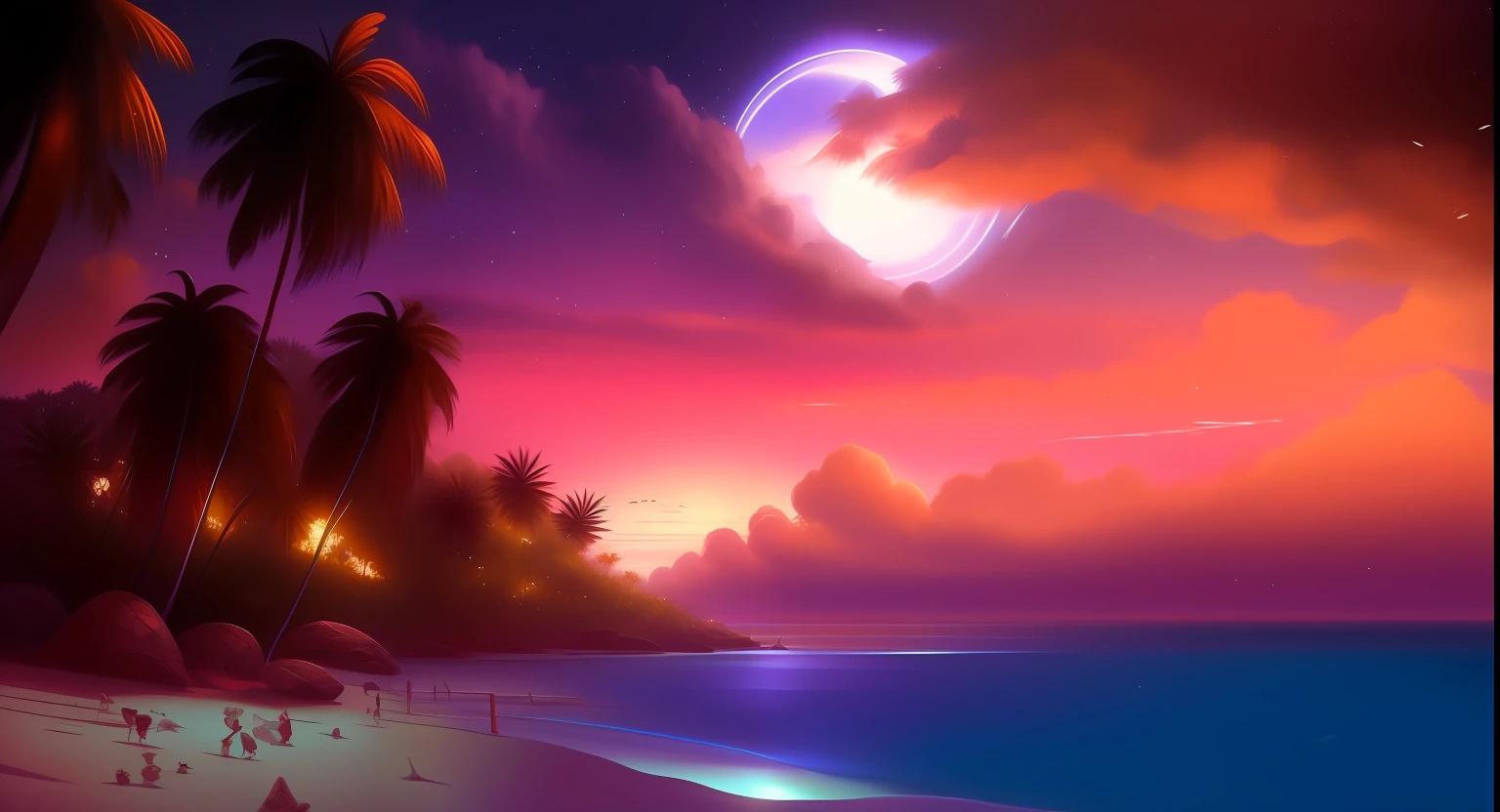 vista para uma praia com palmeiras e lua cheia, magical beach, beautiful magical palm beach, arte de fundo, papel de parede bonito, magnificent background, paper awesome wallpaper, protetor de tela impressionante, cena de sonho, amazing background, fundo bonito, Noite de Sonho, Fundo do anime, high quality desktop wallpaper, bela noite de luar, inspirado em Cyril Rolando, 4 k hd wallpaper muito detalhado, palmeiras verdes