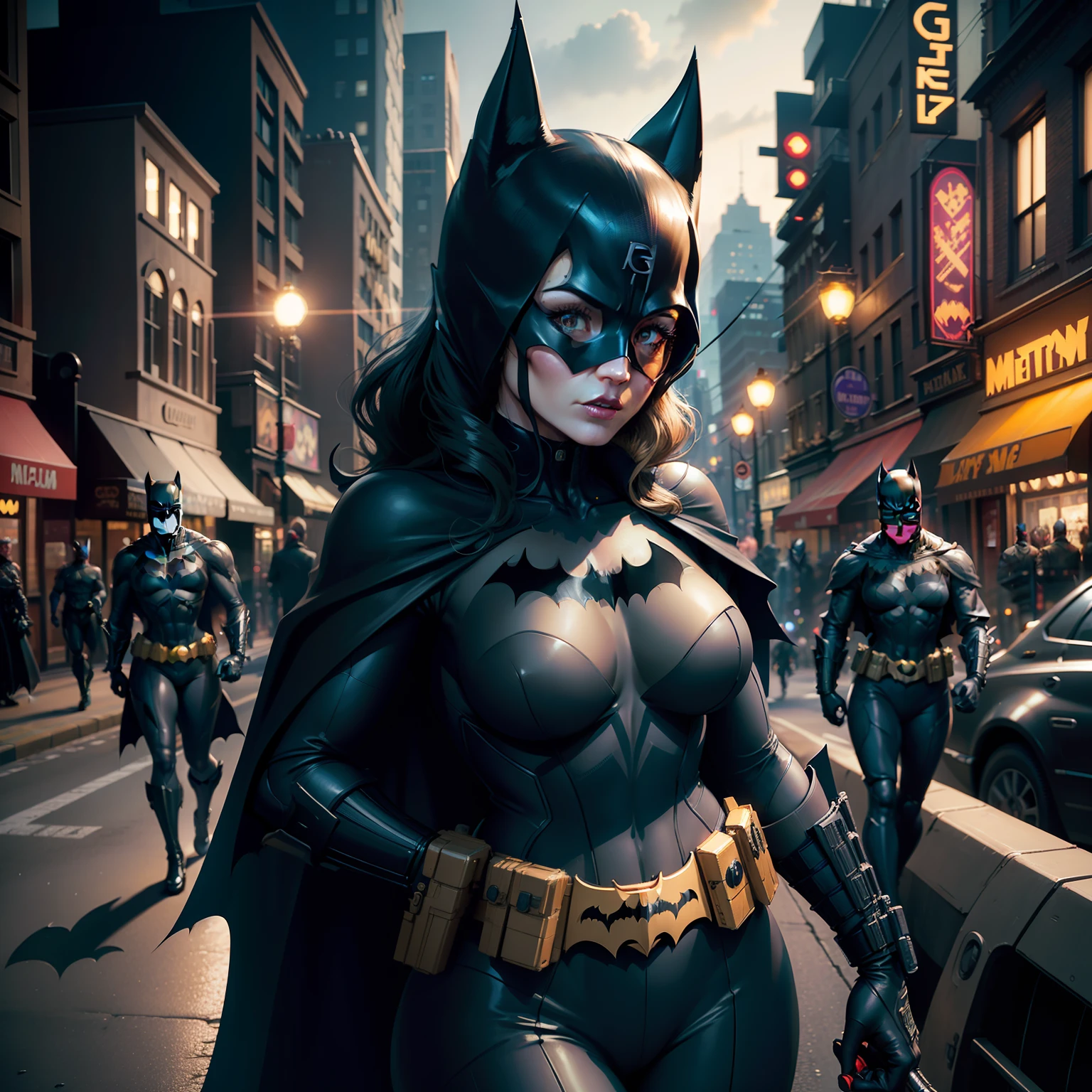 batman and two police officers on a city street, metropolis filmic gotham city, gotham city style, anigirl batman, batman with guns, from movie batman, cyberpunk batman, gotham city, portrait shot, batwoman, batman, 3d render of catwoman, in batman movie still cinematic, batgirl, inspired by Zack Snyder, mark zuckerberg as catwoman, gotham, catwoman